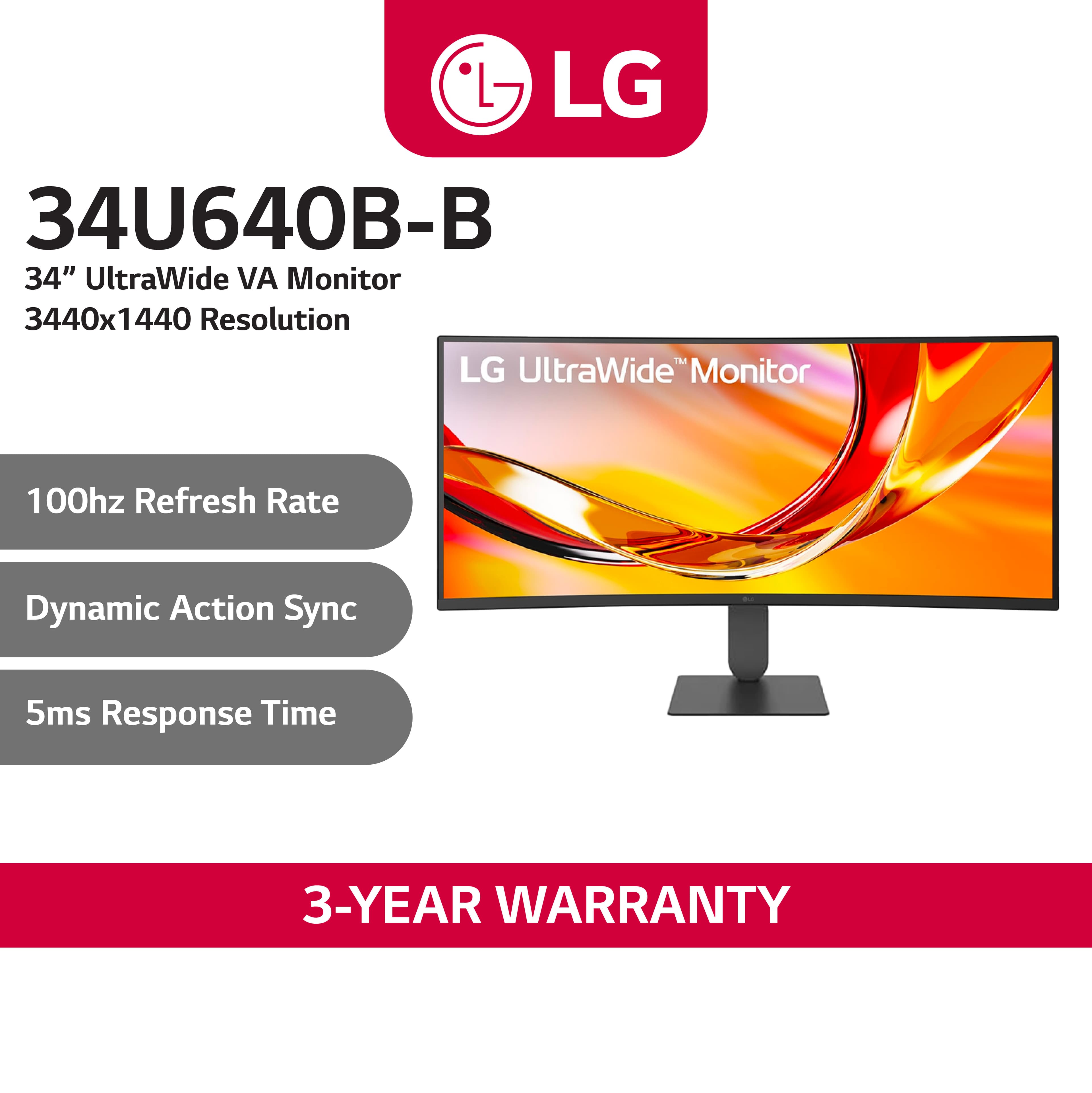 LG 34U640B-B 34" UltraWide Curved PC Monitor,1440p VA,144Hz, 5ms GtG, HDR10, FreeSync Premium, HAS display, Reader Mode & Flicker Safe,USB-C, DP 1.4, HDMI