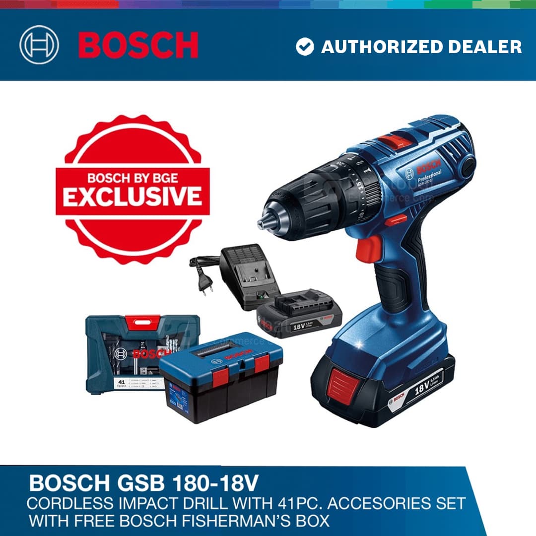 Bosch GSB 180-18V Professional Cordless Impact Drill with 41pc. Accessories Set with Free Bosch Fisherman's Box