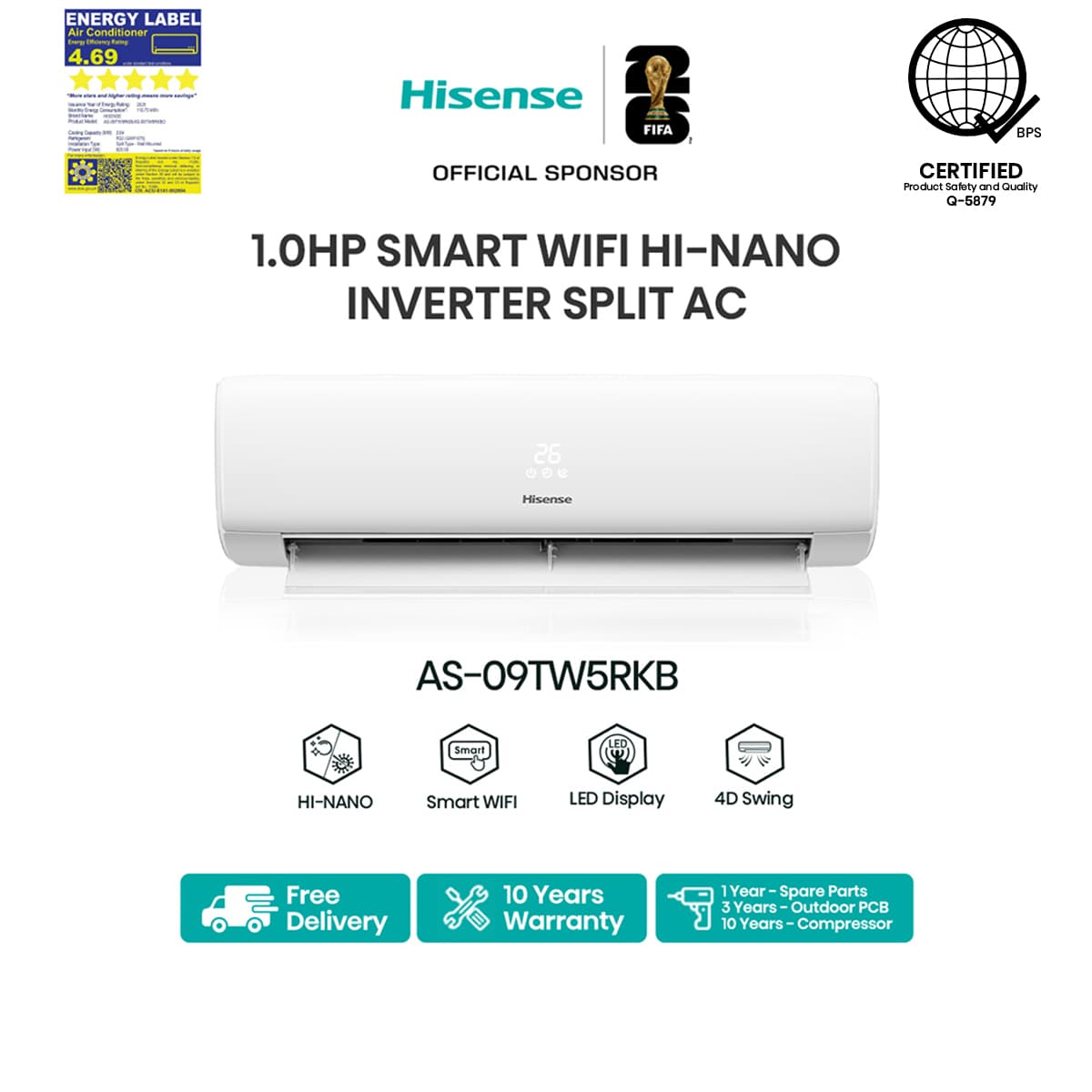 🆕Hisense Inverter 1.0/1.5/2.0/2.5HP Split Aircon with Wifi + Hi-Nano (AS-09/12/18/24TW5RKB) - Installation Service Available