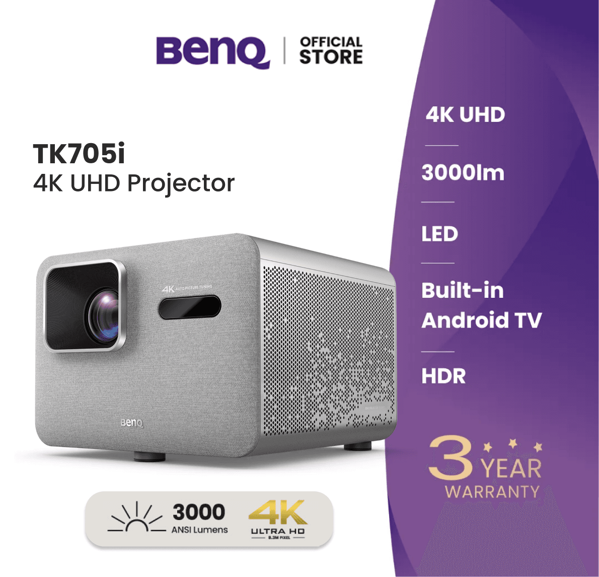 BenQ TK705i｜4K HDR 3000lm Home Entertainment Projector Google TV Netflix Low Input Lag