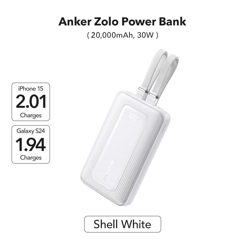 Anker Zolo Power Bank 20K 30W, Built-In USB-C and Lightning Cable, Compatible with MacBook, iPhone Series, Sam Sung