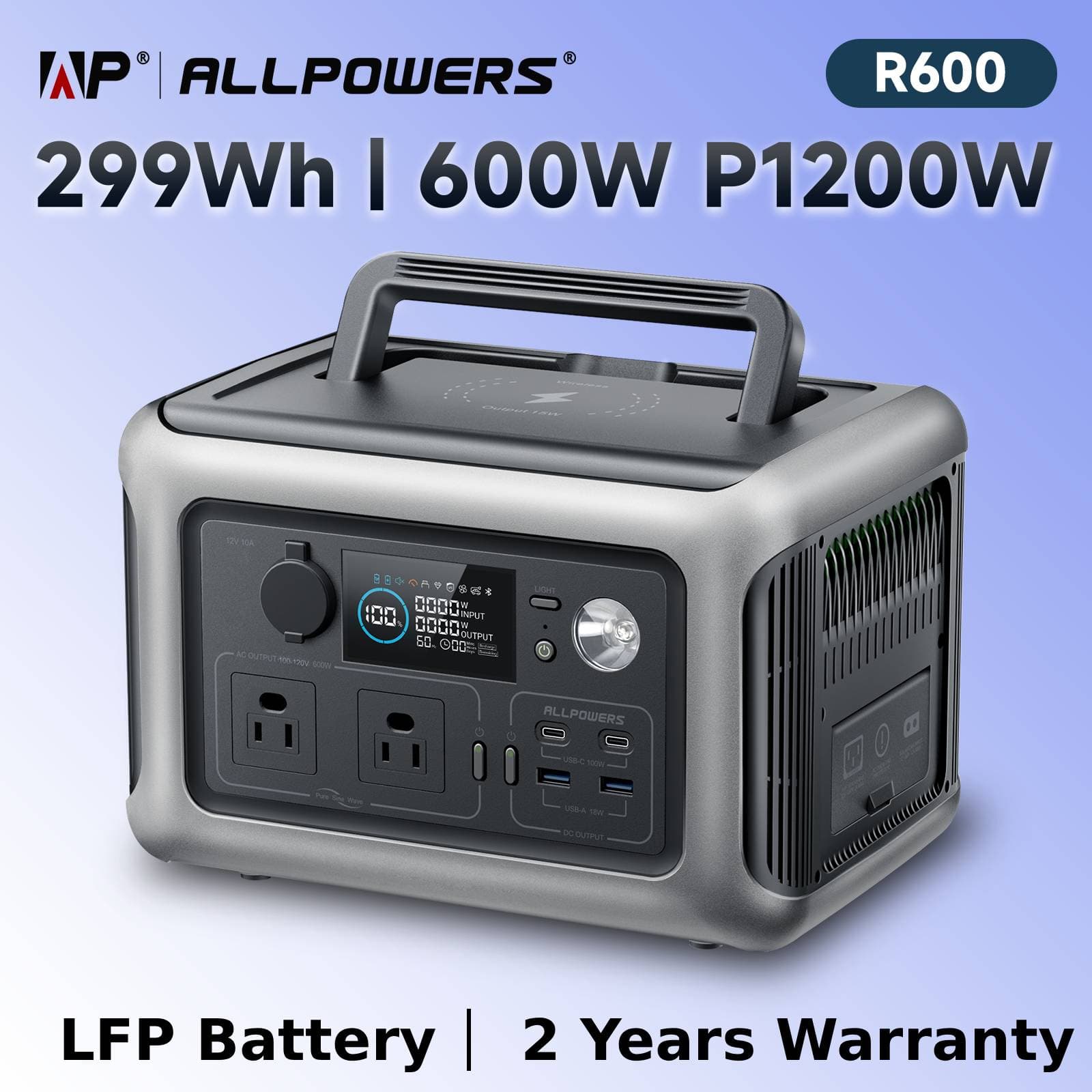 ALLPOWERS R600 Portable Power Station 600W, 299Wh LiFePO4 Battery, Wireless Charging, Solar Generator for Camping Home Emergency off-Grid