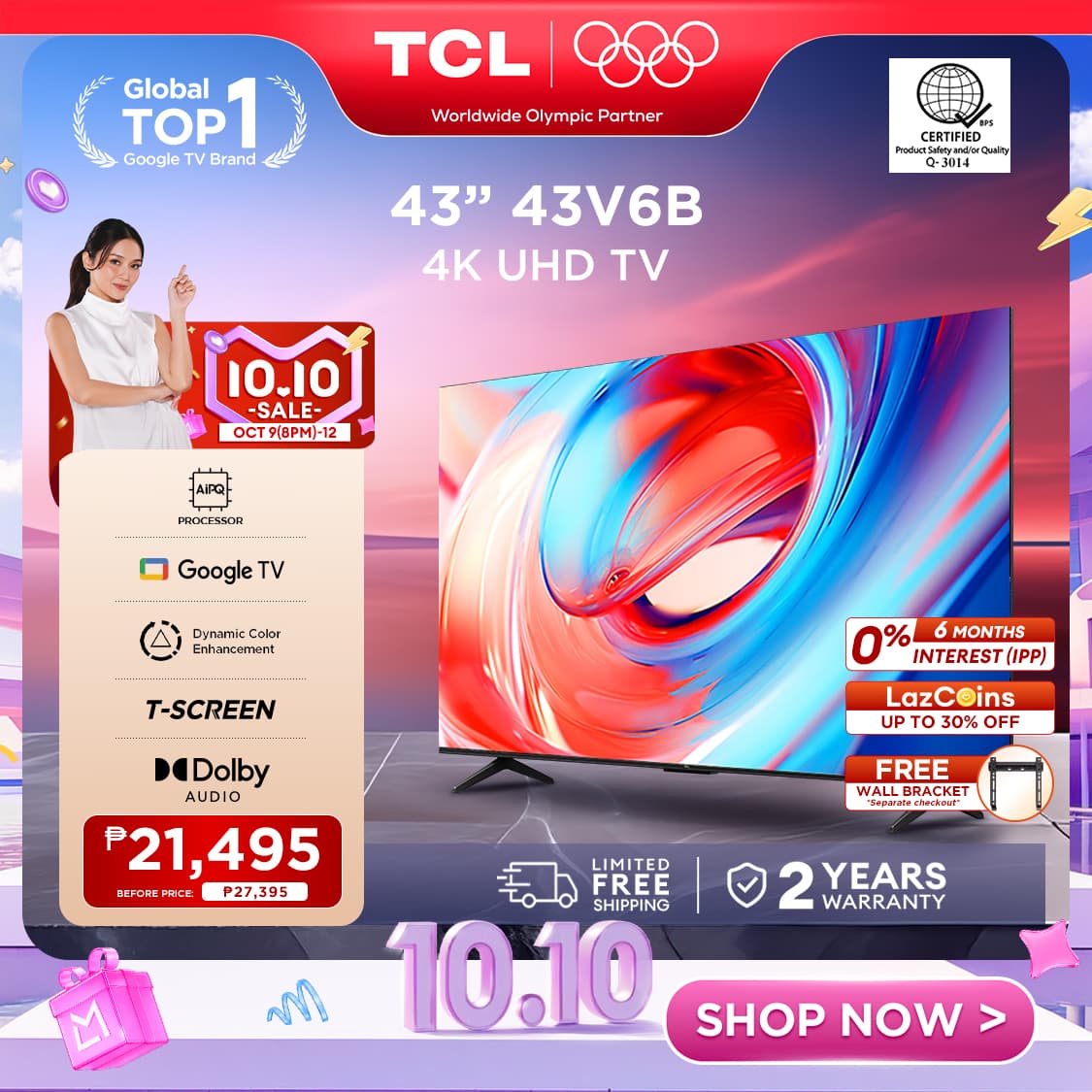 TCL V6B Series 4K UHD Smart Google TV - 43/50 inch