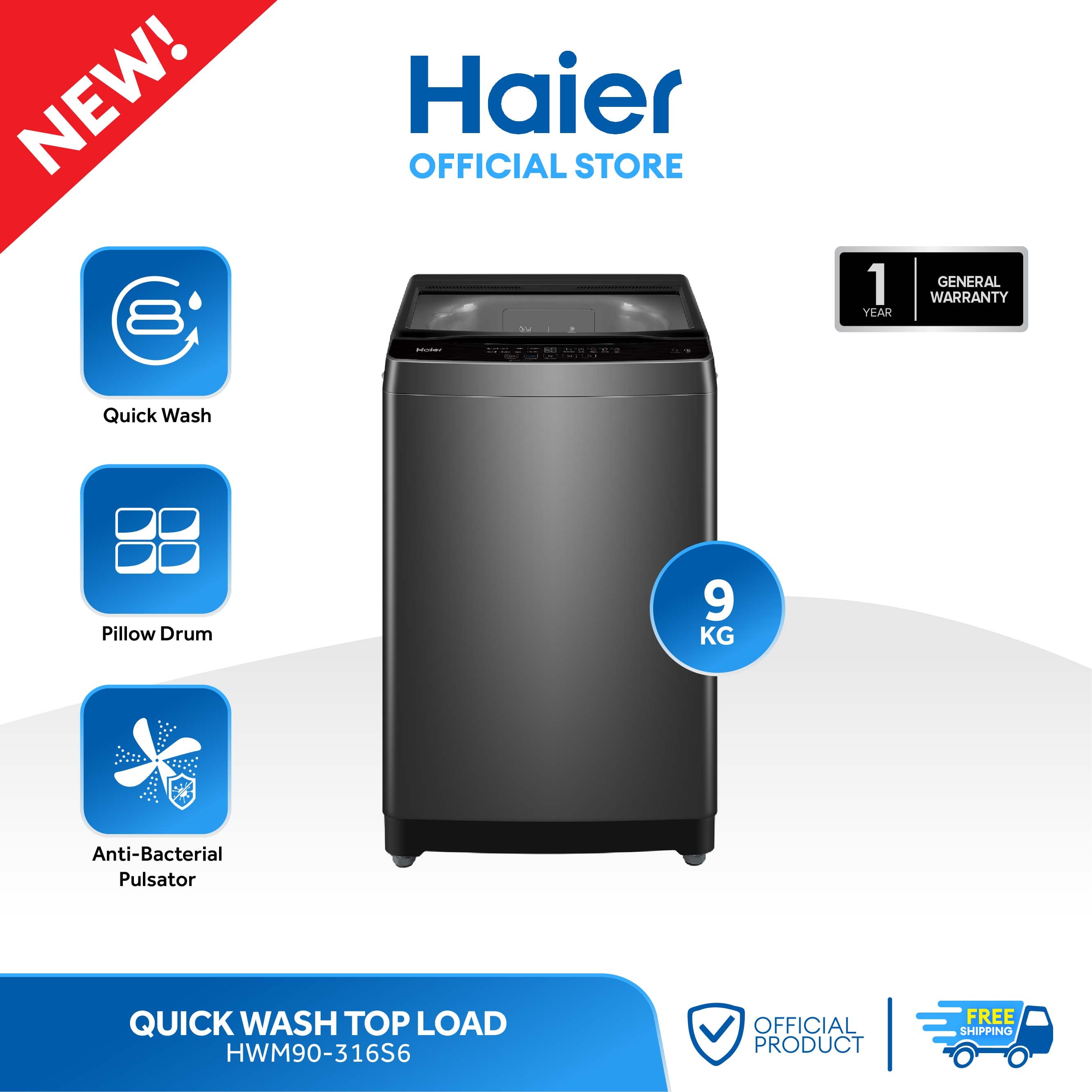 Haier HWM90-316S6 9kg Quick Wash Fully Automatic Top Load Washing Machine (Black)