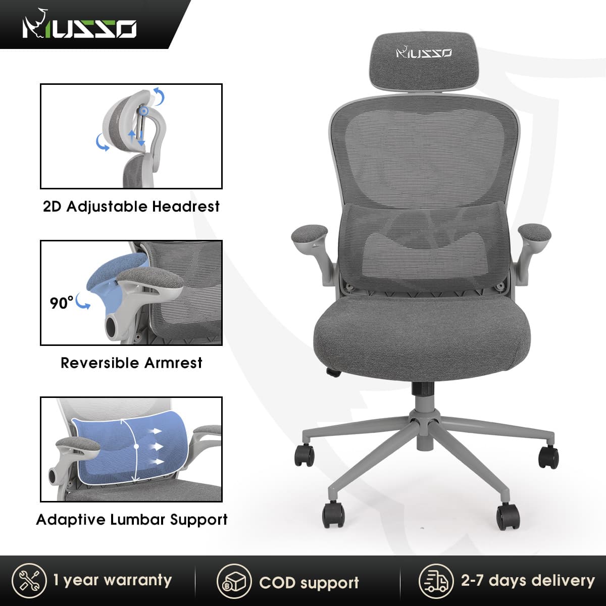 MUSSO C10 Ergonomic Chair 2D Headrest and Flip Armrest Ergonomic Office Chair