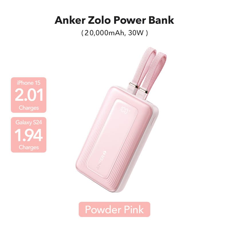 Anker Zolo Power Bank 20K 30W, Built-In USB-C and Lightning Cable, Compatible with MacBook, iPhone Series, Sam Sung
