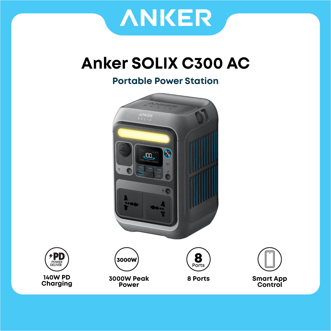 Anker Solix C300 AC Portable Power Station SOLIX C300, 288Wh LiFePO4 Battery, 300W (600W Surge) Solar Generator, 140W Two-Way Fast Charging, for Outdoor Camping, Traveling, and Emergencies