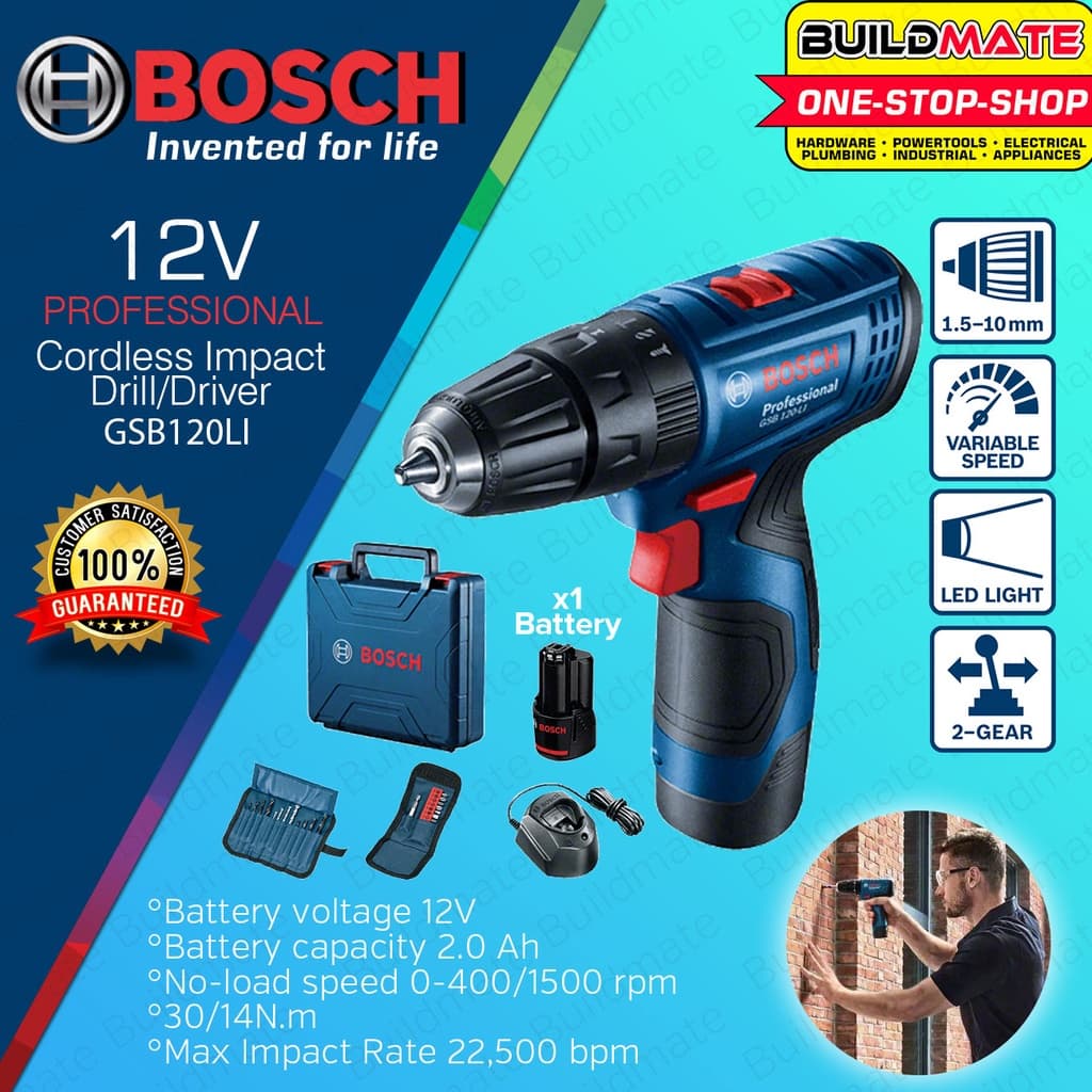 BUILDMATE Bosch 12V Lithium-Ion Cordless Impact Drill Driver Set with Battery Charger & Case - COC