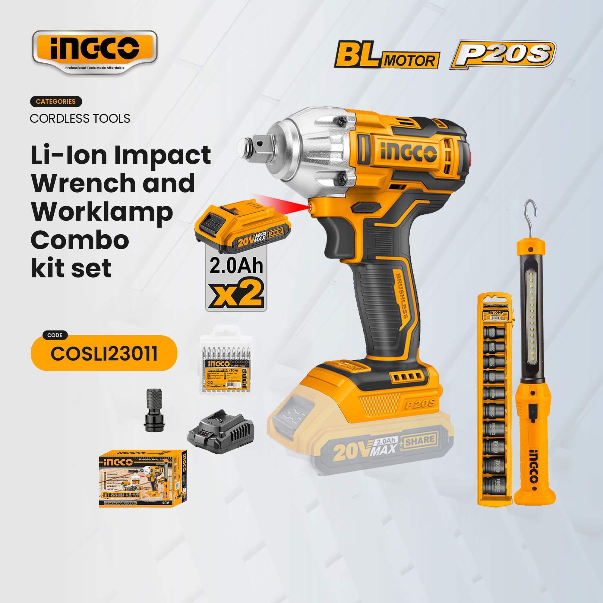Ingco Cordless 20V Brushless Lithium-Ion Impact Wrench Power Tool For Repairing Car And Bolt Remover ICPT
