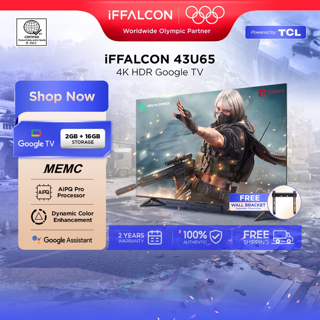 TCL [iFFALCON] U65 Series 4K 2GB+16GB HDR Google TV - 43/50/55/65/75 Inch