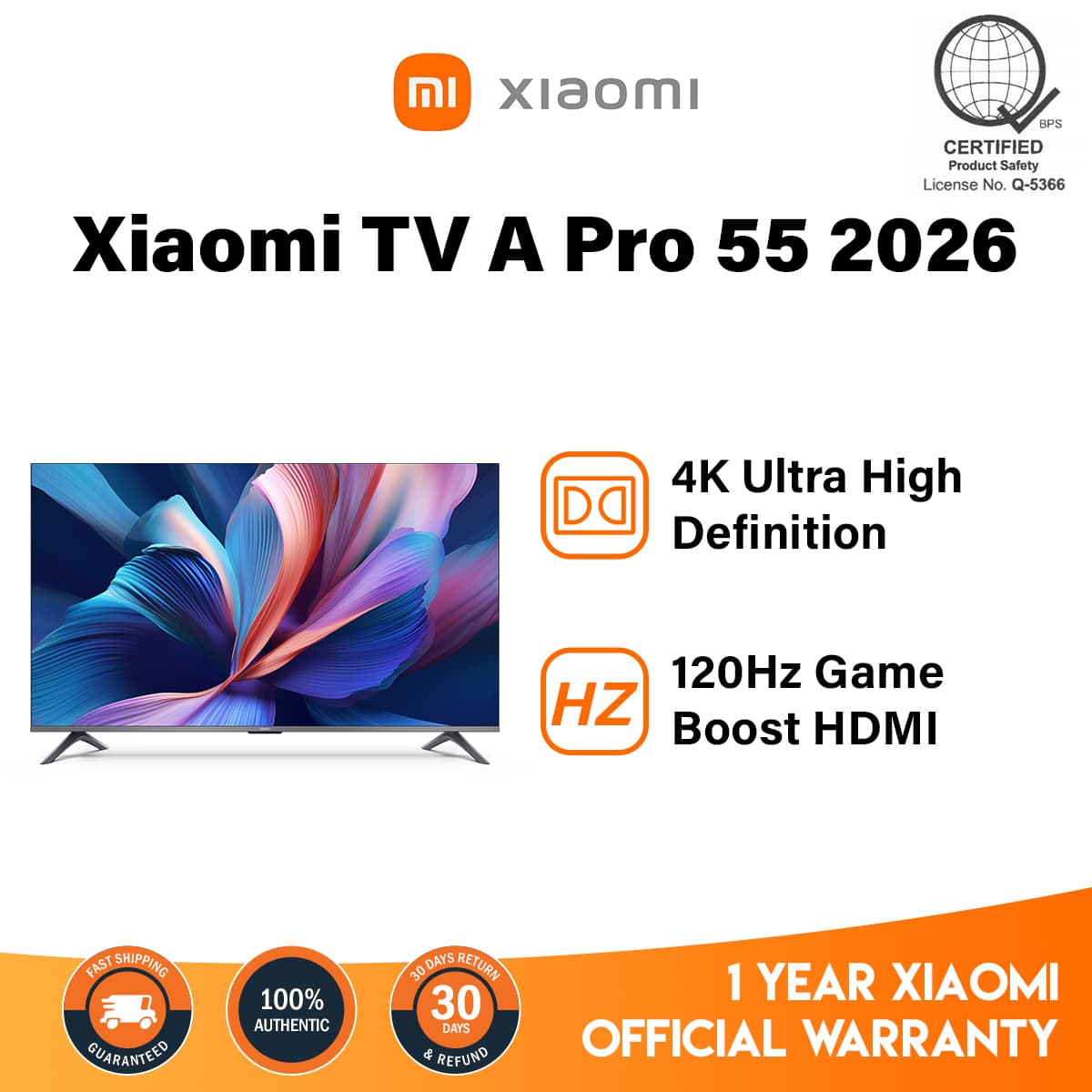 Xiaomi TV A Pro 55 2026 4K QLED Display 120Hz Refresh Dolby Audio Smart Google TV Low Blue Light Mode