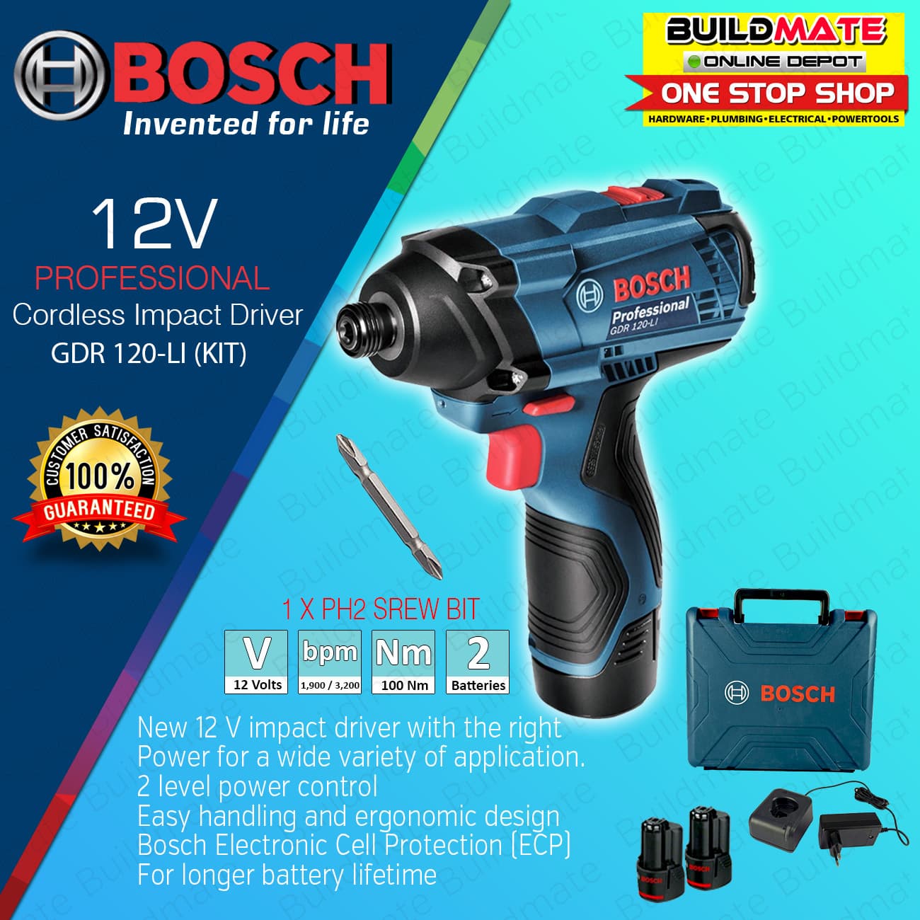 BOSCH Professional Cordless Impact Driver Wrench GDR 120-LI (KIT) COC 06019F00K6 - BUILDMATE