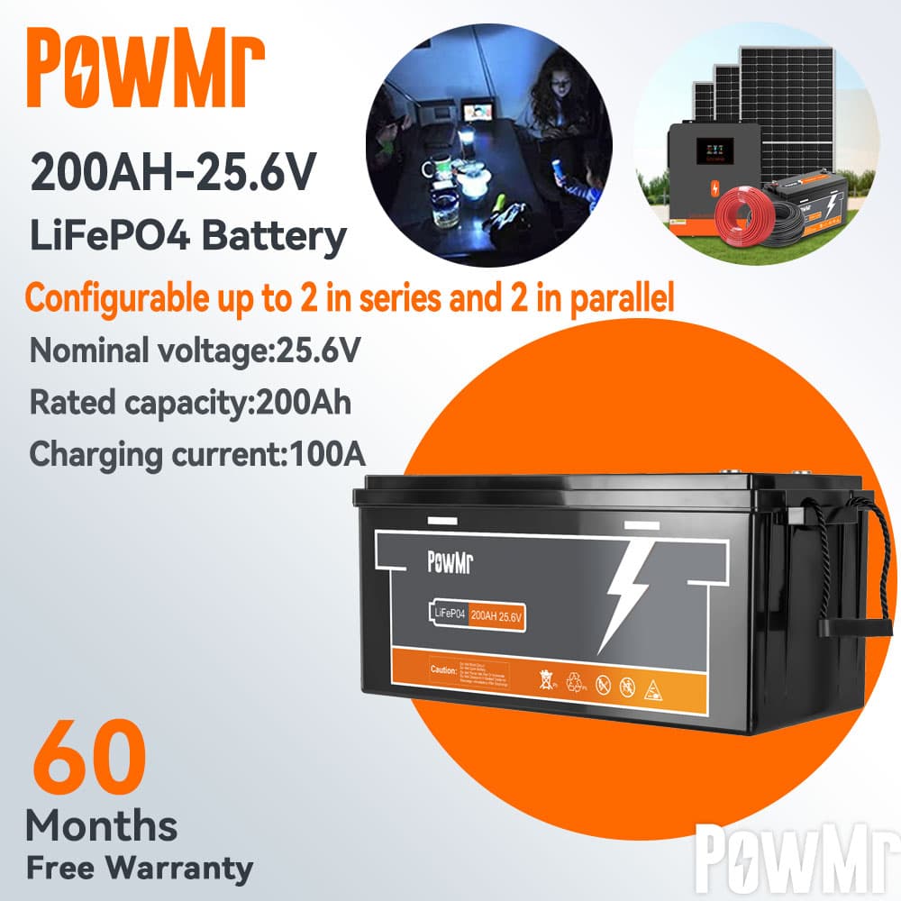 PowMr 24V 200Ah Lithium Iron Phosphate LiFePO4 Battery, High‑Performance Built‑in BMS Protection, 100% Actual Capacity, 10‑Year Service Life, Series‑Connectable up to 2 Units for Solar Storage, Ebike, RV Car Off‑Grid Power Supply