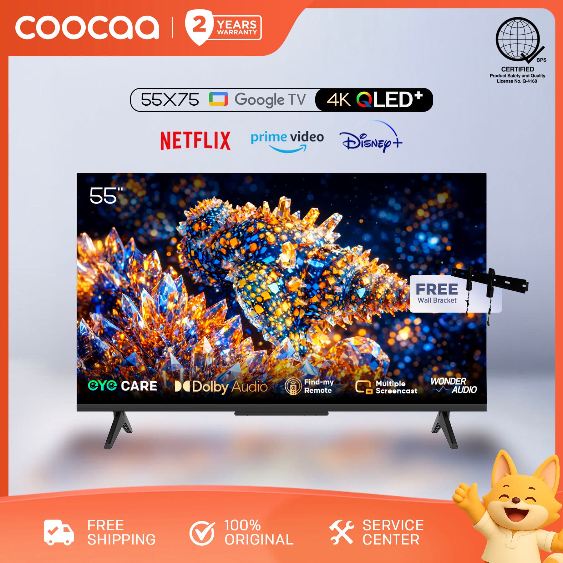 COOCAA 55 Inch QLED TV Dolby Audio, Eye Care, Screen Cast, Find My Remote (55X75) w/ wall bracket