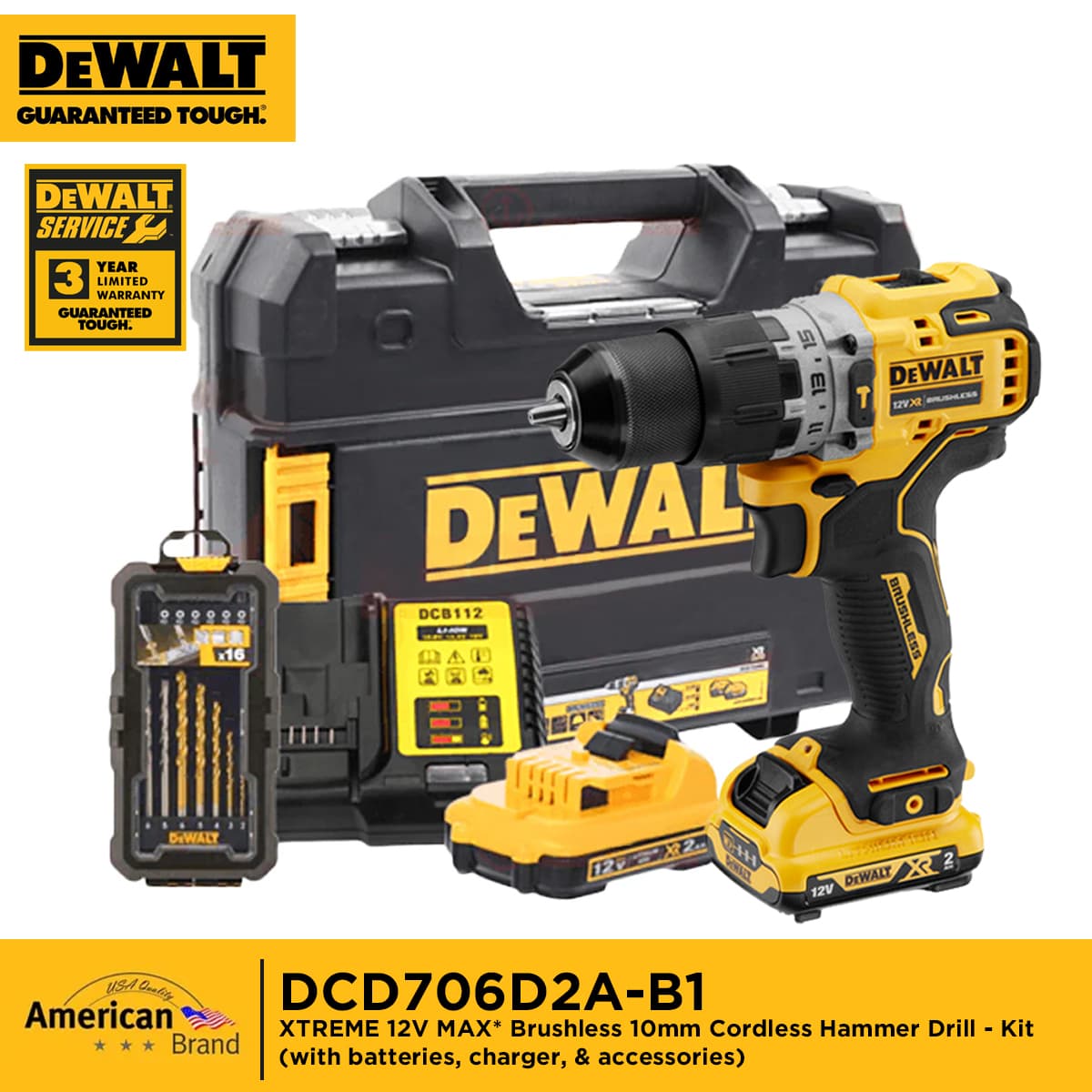 DEWALT DCD706D2A-B1 XTREME 12V MAX Brushless 10mm Cordless Hammer Drill - Kit