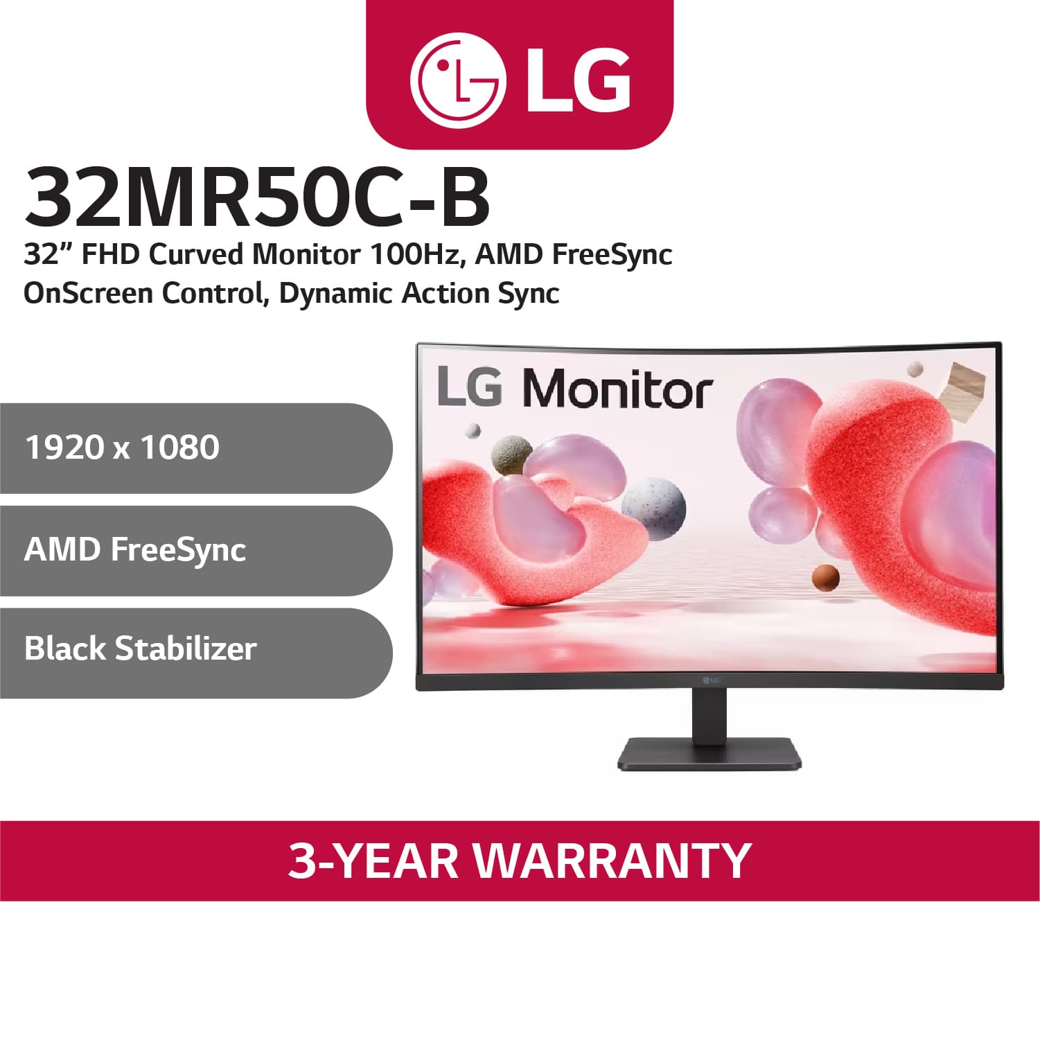 LG 32MR50C-B 32" FHD 100Hz AMD FreeSync OnScreen Control Dynamic Action Sync Black Stabilizer Tilt Stand (HDMI) - Black