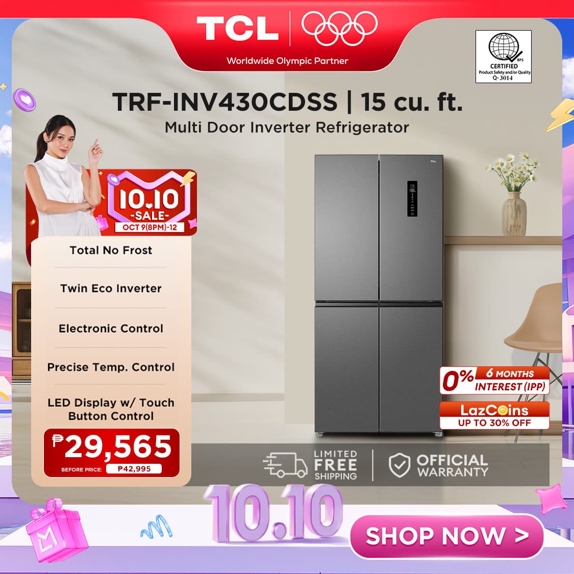 TCL 15 cu.ft. Cross-Door Refrigerator - TRF-INV430CDSS