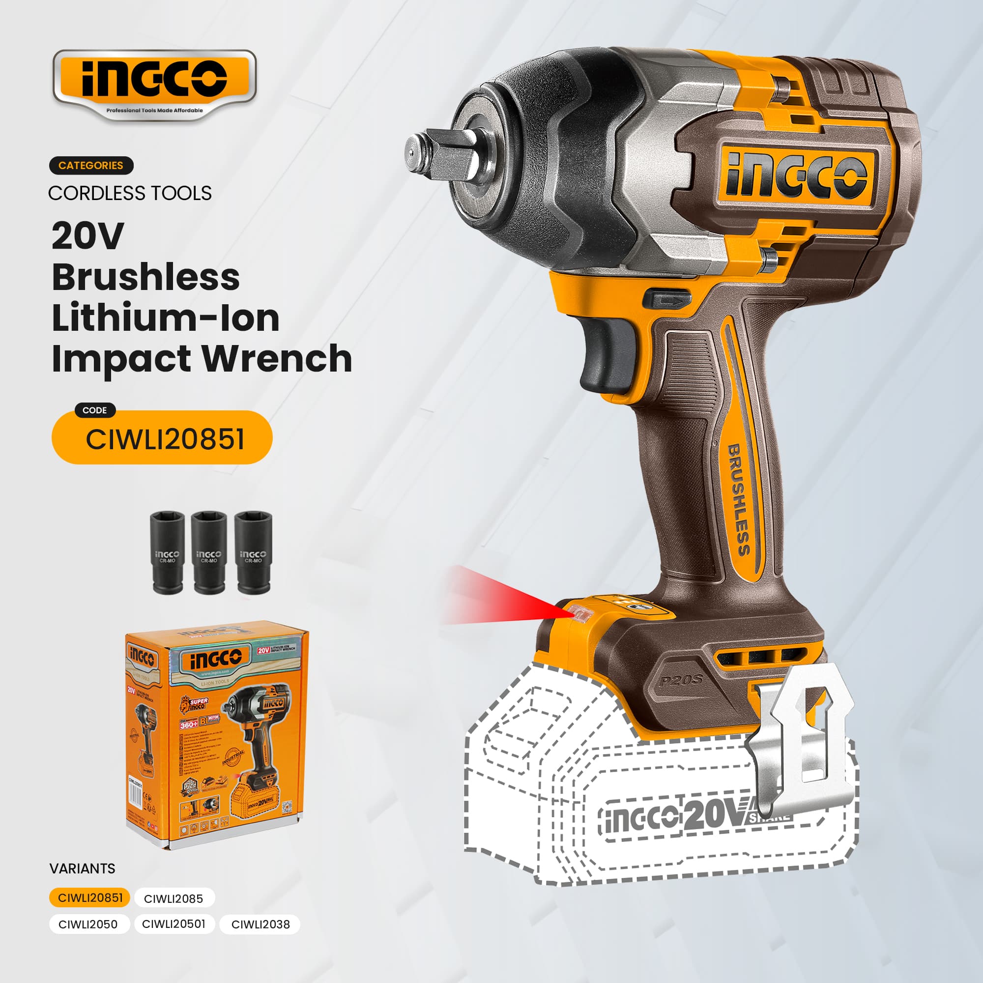 Ingco Cordless 20V Brushless Lithium-Ion Impact Wrench Power Tool For Repairing Car And Bolt Remover ICPT