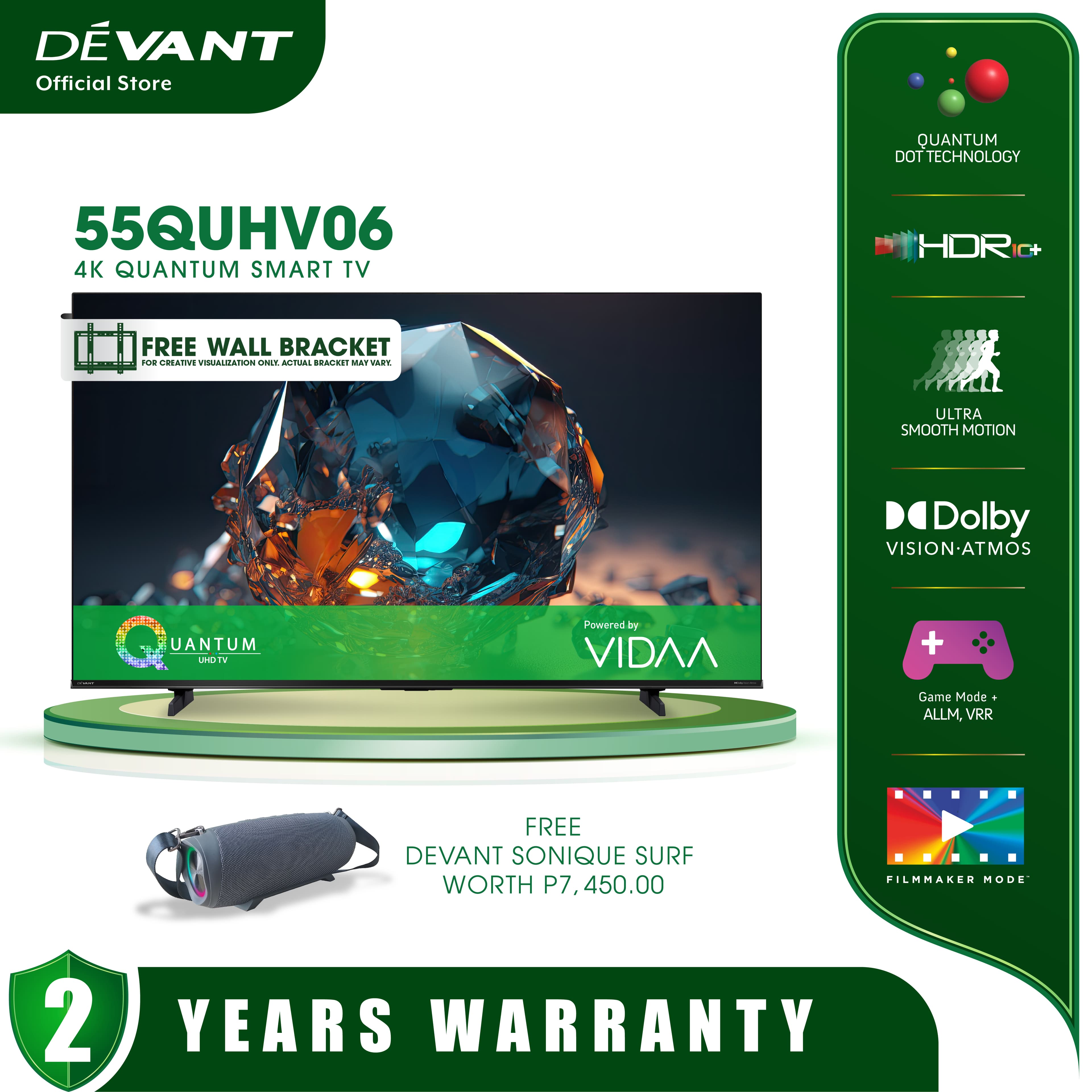 DEVANT 55QUHV06 55 inch Quantum Ultra HD (QUHD) 4K Smart TV - Netflix, Youtube and FREE Wall Bracket and SPEAKER SONIQUE SURF