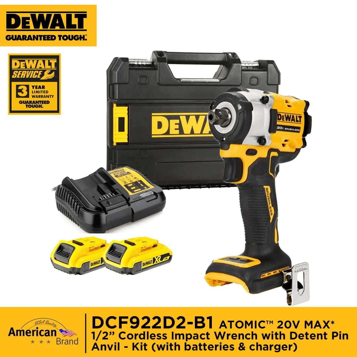 DEWALT DCF922D2-B1 ATOMIC™ 20V MAX 1/2” Cordless Impact Wrench with Detent Pin Anvil - Kit (with batteries & charger)