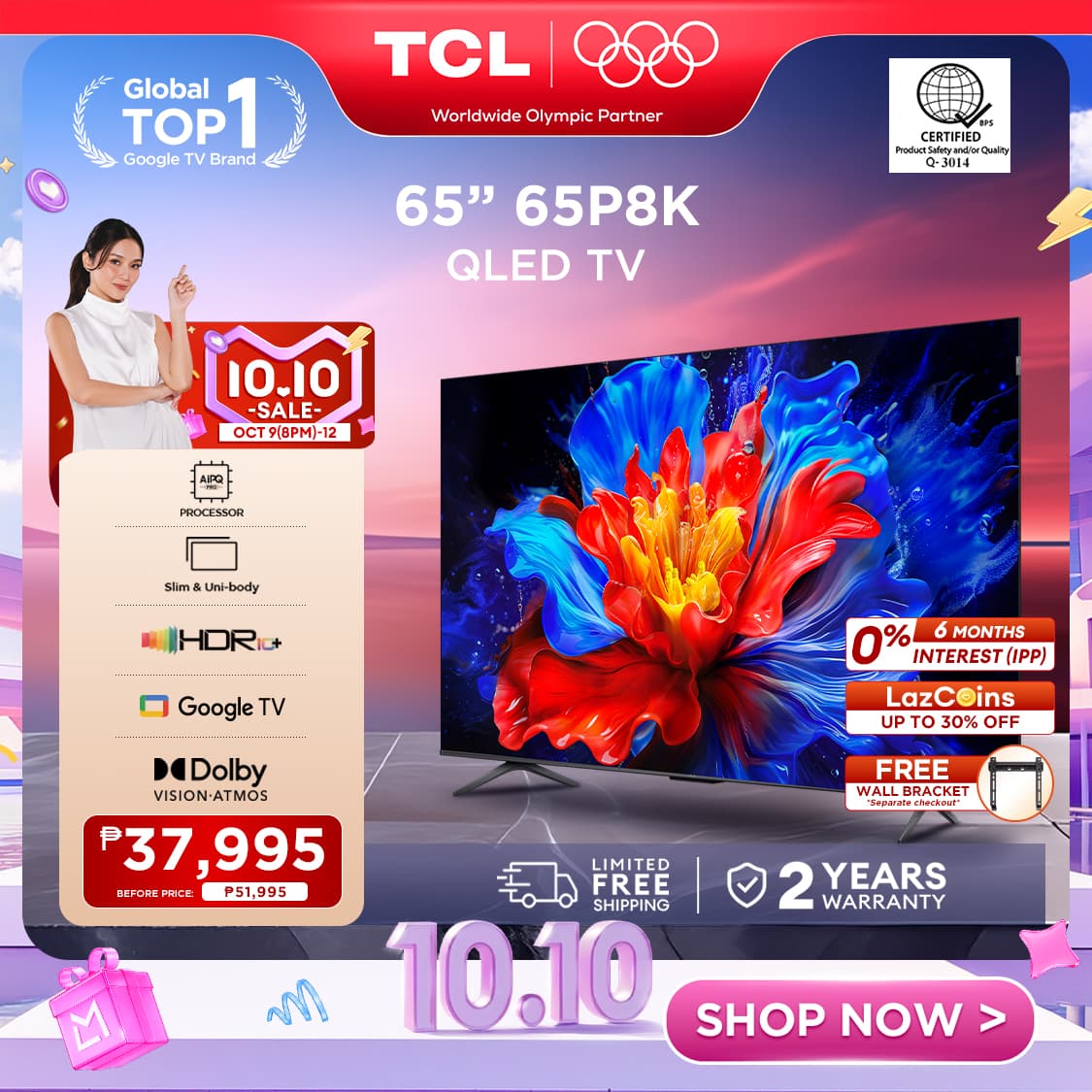 TCL P8K Series 4K QLED HDR Smart TV - 55/65/75/85/98 inch