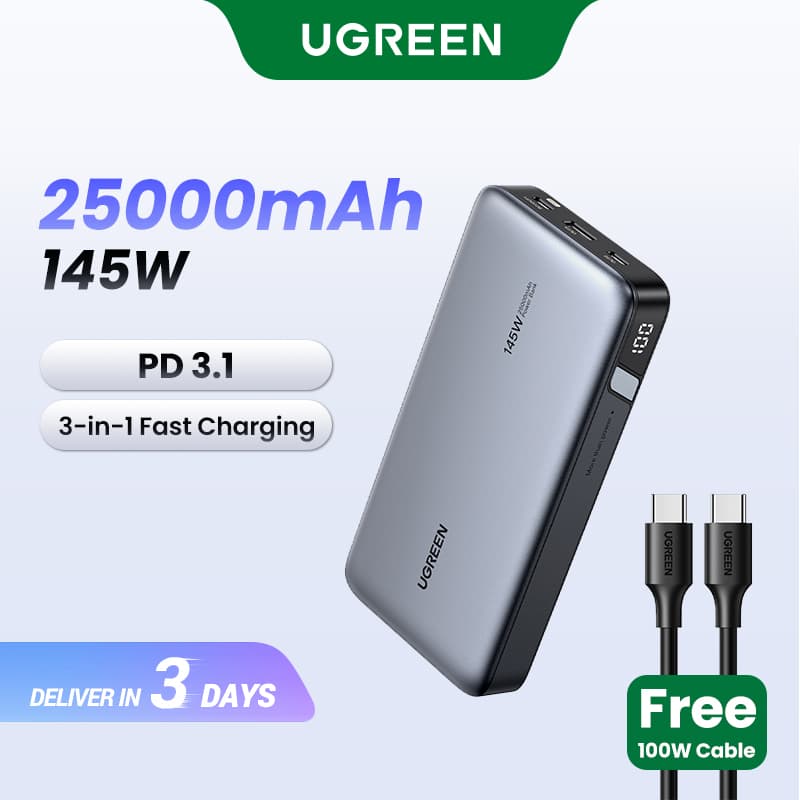 UGREEN 20000mAh 25000mAh Powerbank PD 145W Fast Charging Powerbank 10000mAh PD 20W for Dell Lenovo MacBook Air SAMSUNG S26 S25 Ultra xiaomi iPhone 18 17 pro max Mobile Phones Power Adapter