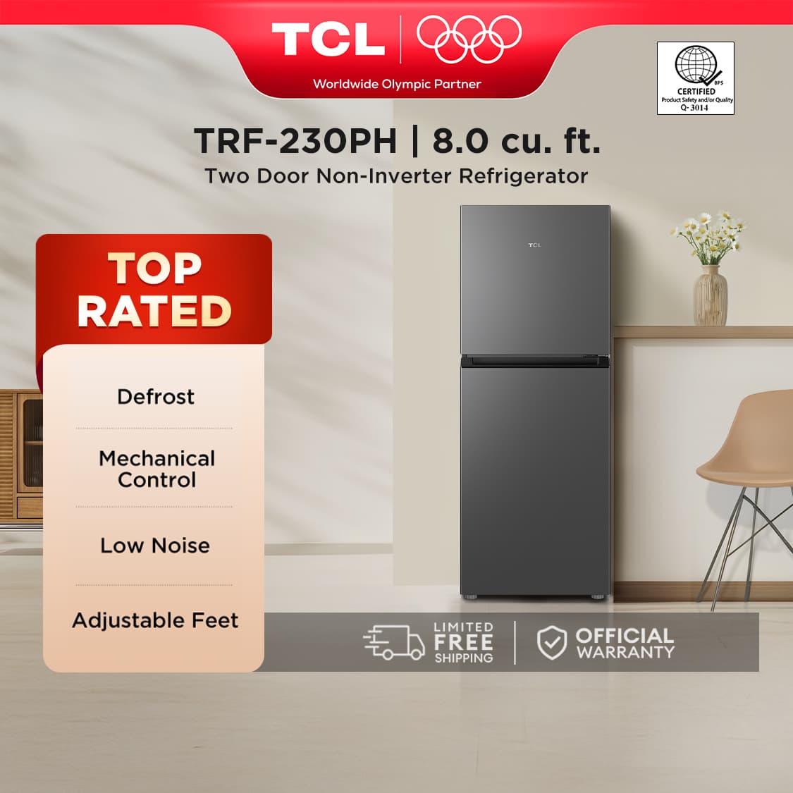 TCL 8.0 cu.ft Inverter/Non-inverter Two-Door Refrigerator