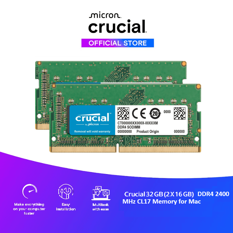 Crucial 32 GB Kit (2 x 16 GB) DDR4 2400 MHz CL17 Memory for Mac (CT2K16G4S24AM)
