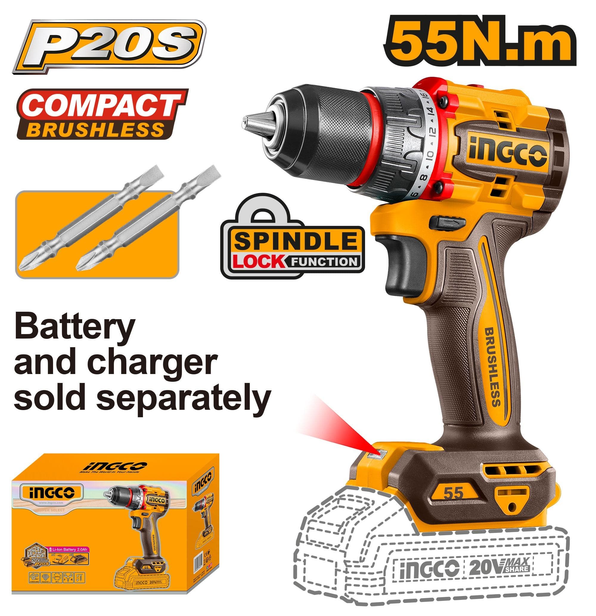 INGCO 20V Compact Brushless Cordless For Drill Drilling & Driving ICPT