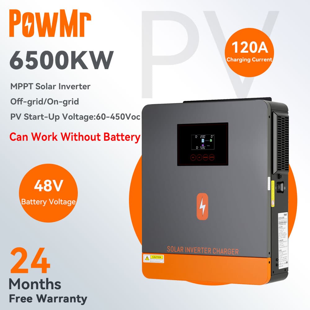 PowMr 4.5kw/6.5kw On-grid/Off-grid Hybrid Inverter 24Vdc/48Vdc 230VAC Pure Sine Wave Solar Inverter Built in 120A MPPT Solar Controller Support Lifepo4 Battery RGB Light One-click Repair Function
