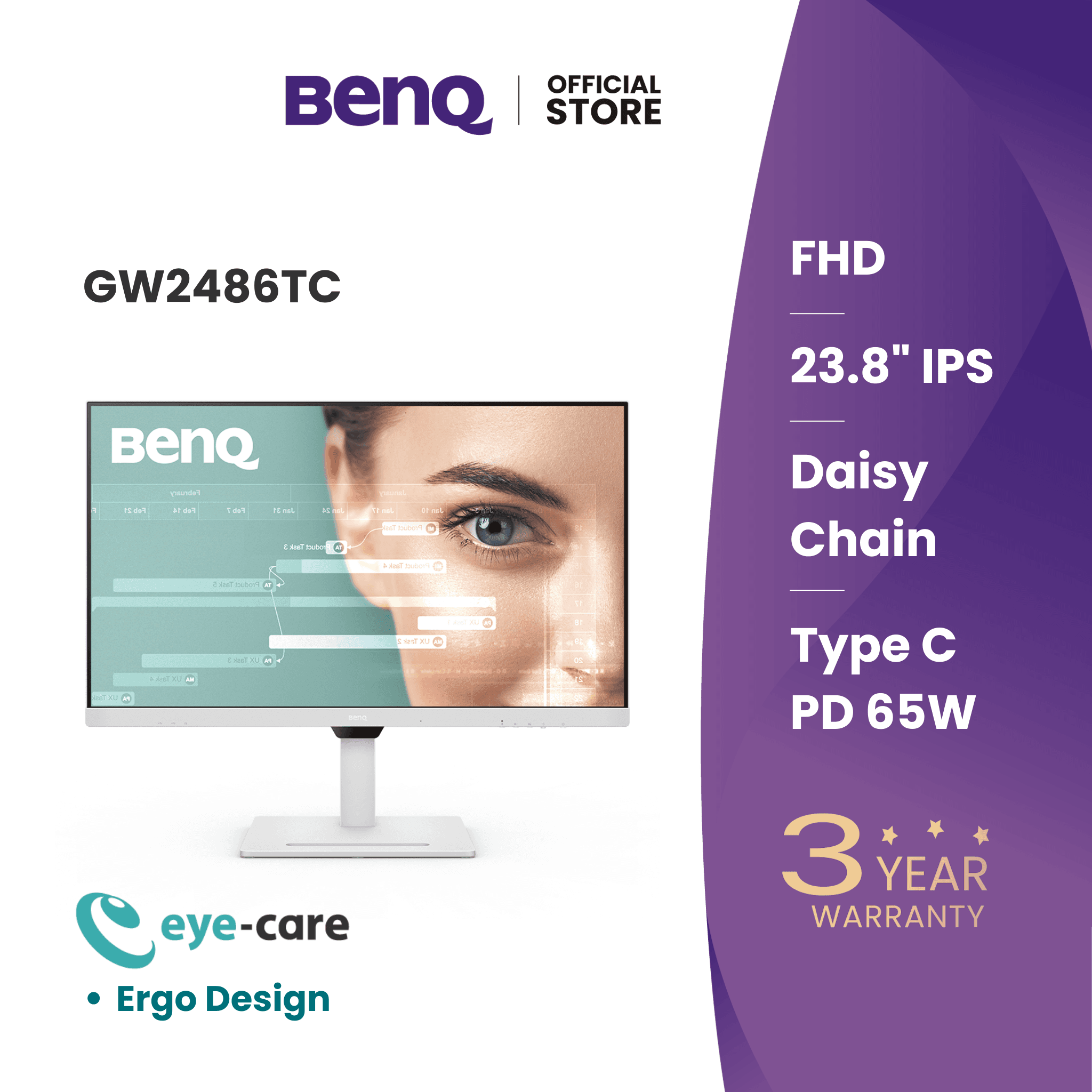 BenQ GW2486TC I 23.8" Full HD 1080p I USB-C I100Hz I Eye-Care I Ergonomic & Slim Bezel Design