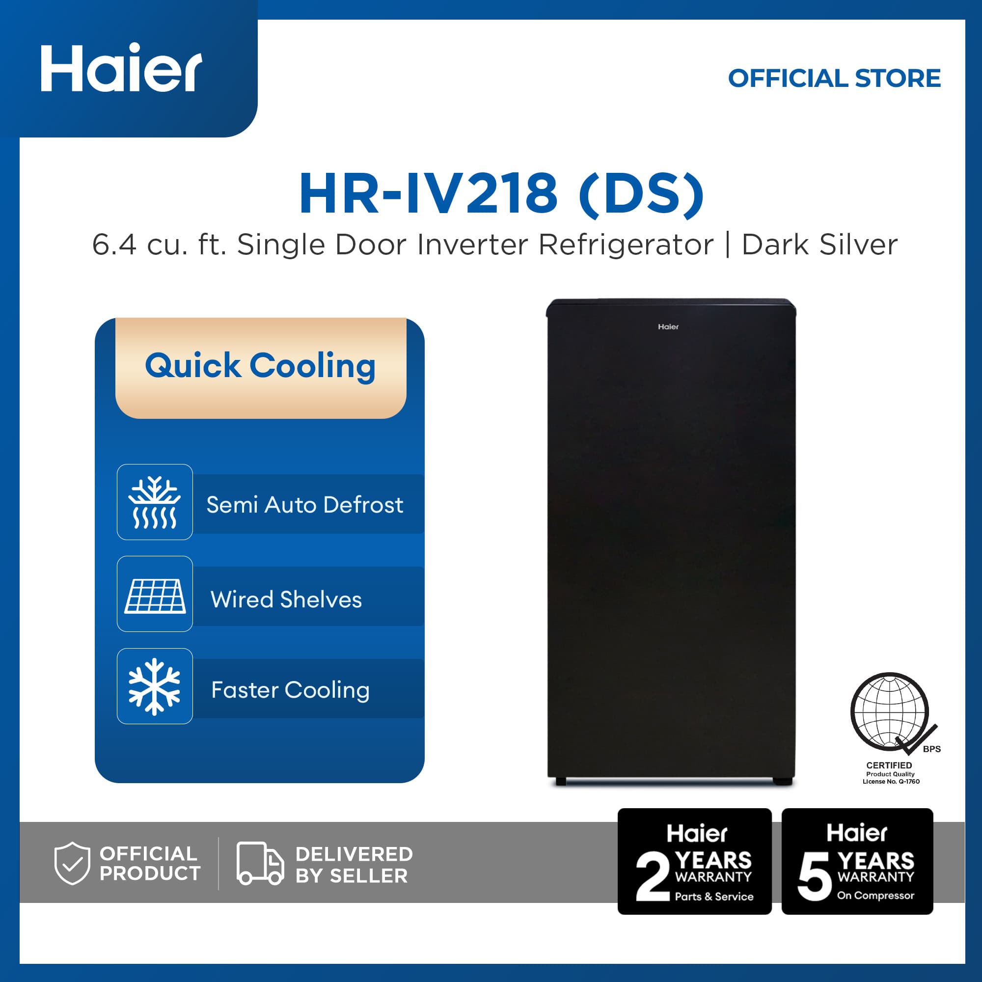 Haier HR-IV218 6.4 cu.ft./180L Quick Cooling Single Door Inverter Refrigerator (Dark Silver)
