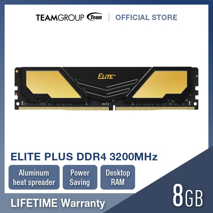 TEAMGROUP Memory Elite Plus PC4-25600 DDR4 3200MHz 8/16/32GB Black&Gold heat spreader CL22-22-22-52