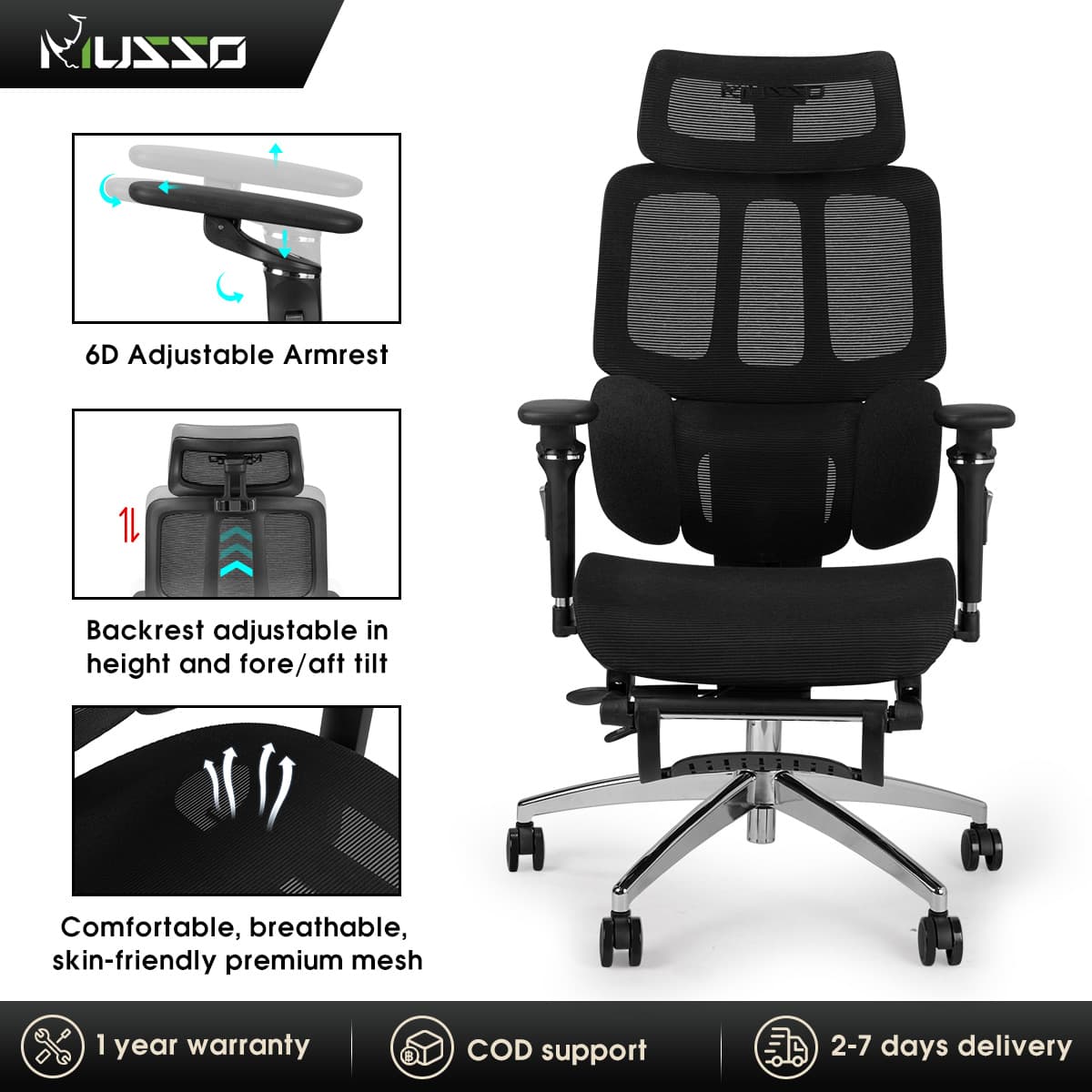 MUSSO H80 PRO Ergonomic Chair 6D Armrest and Adjustable Headrest with Adjustable Back Height