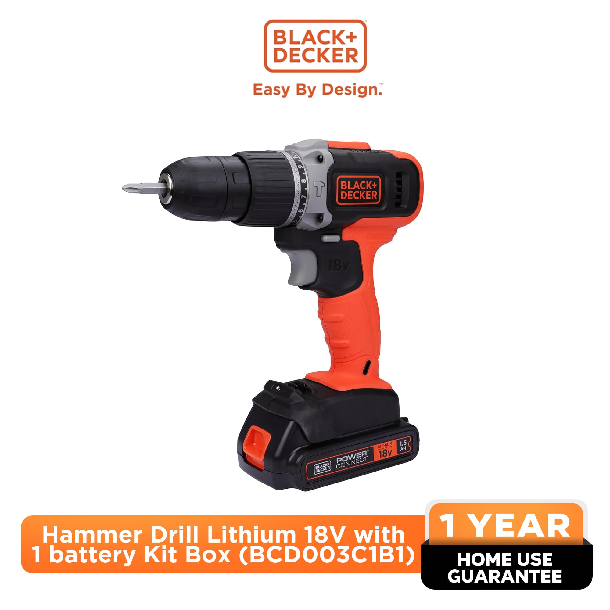 BLACK+DECKER™ Hammer Drill Lithium 18V with 1 battery Kit Box (BCD003C1B1)