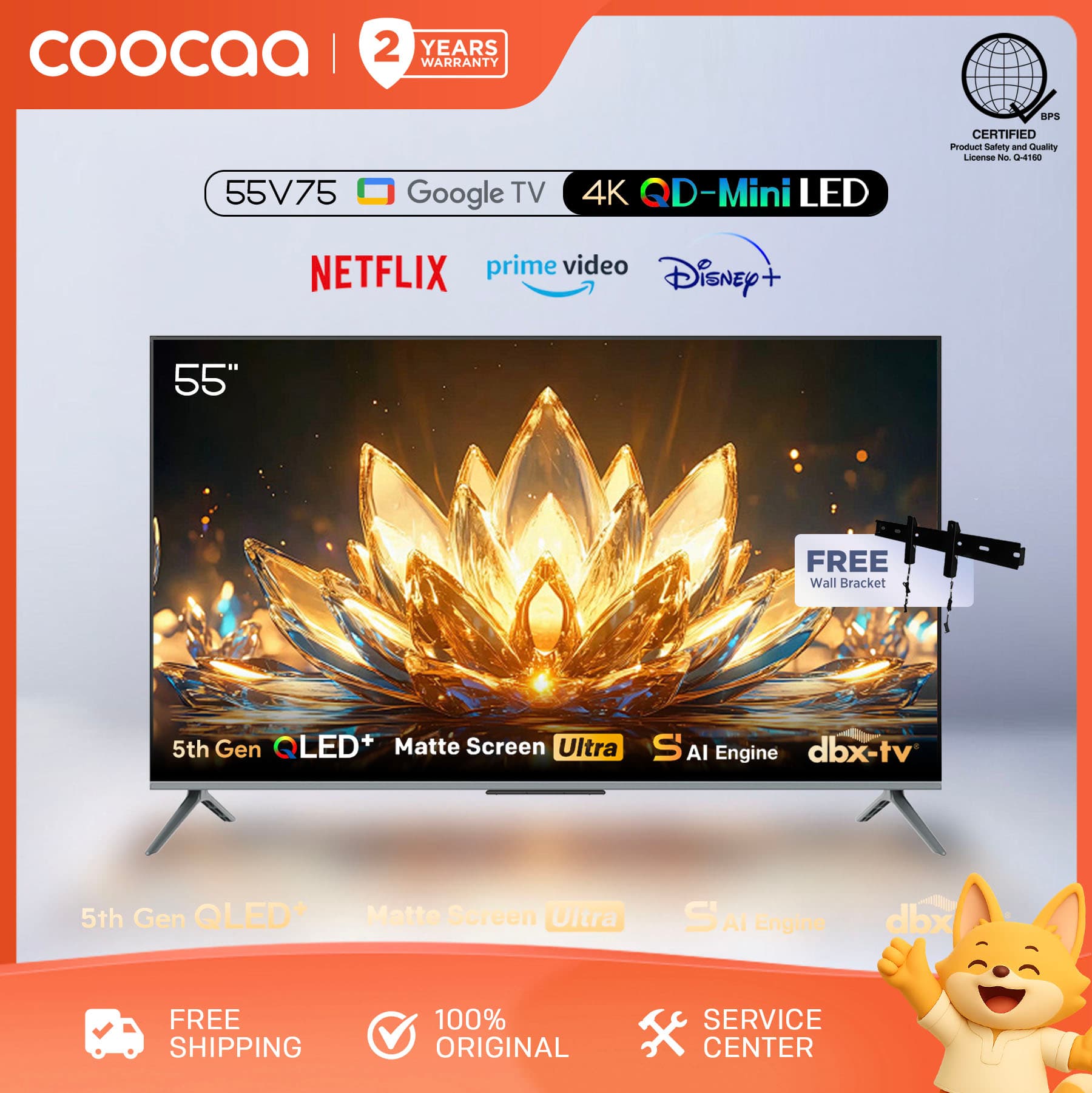 COOCAA 55 Inch 4K Mini QLED TV- 55V75 (5TH Gen QLED+, S'AI Engine)