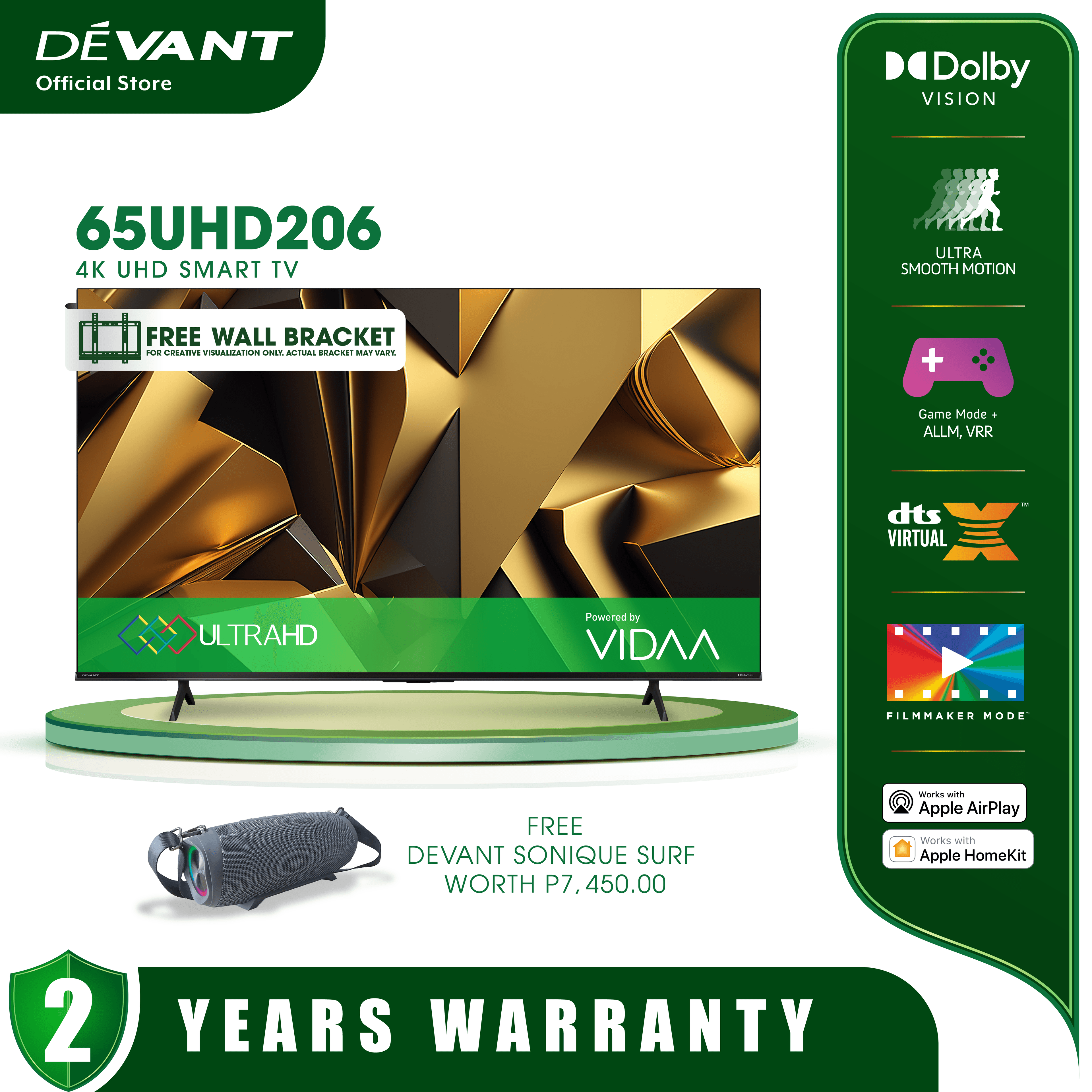 DEVANT 65UHD206 65 inch Ultra HD (UHD) 4K Smart TV - Netflix, Youtube and FREE Wall Bracket & SPEAKER SONIQUE SURF