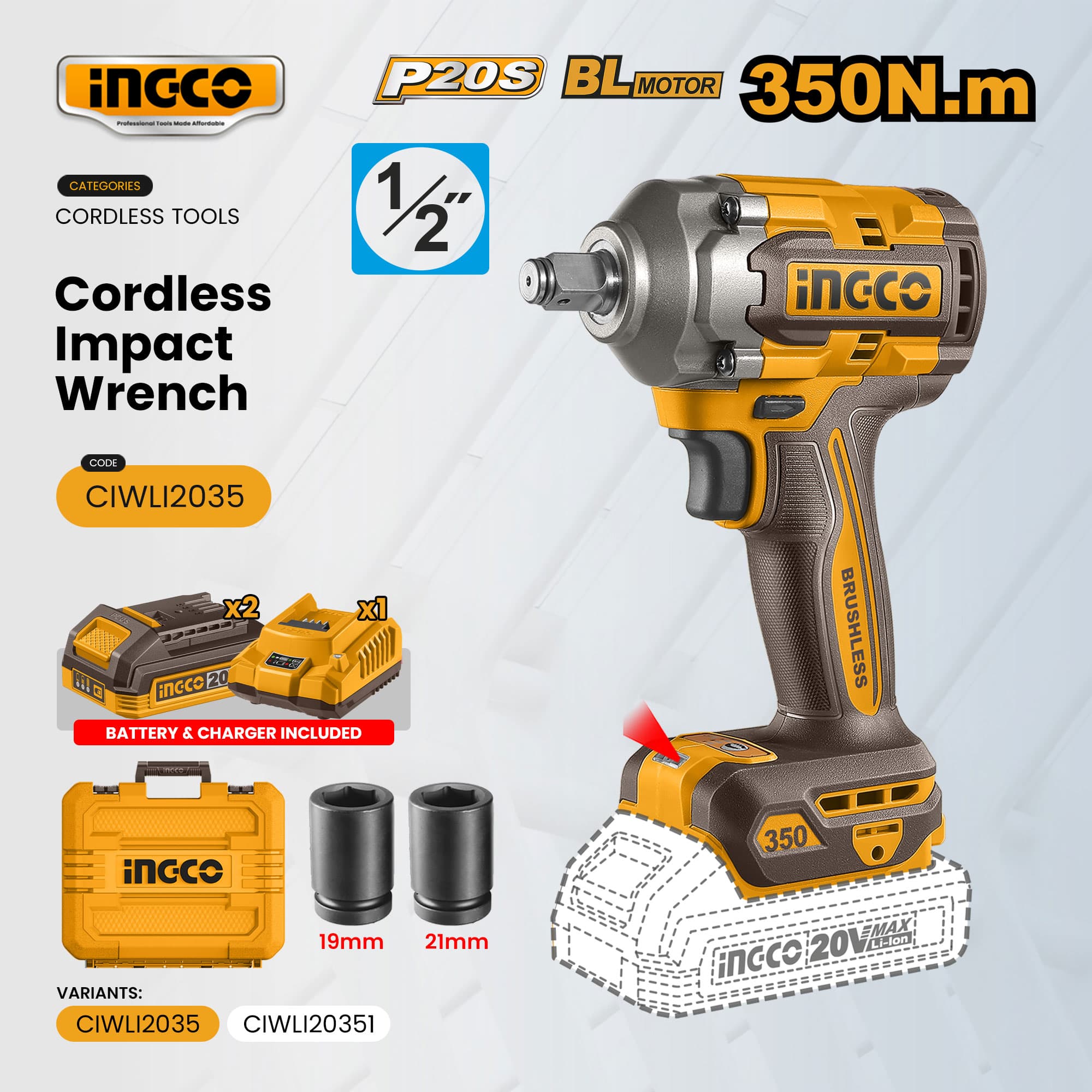 INGCO 350Nm 20V Brushless Cordless Impact Wrench 1/2" 3-Speed Rechargeable Lug Nut Remover For Automotive Repair - ICPT