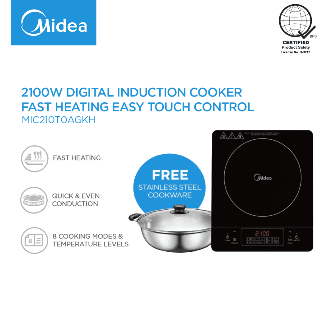 Midea 2100W Digital Induction Cooker Black Fast Heating Easy Touch Control with Free Stainless-Steel Pot