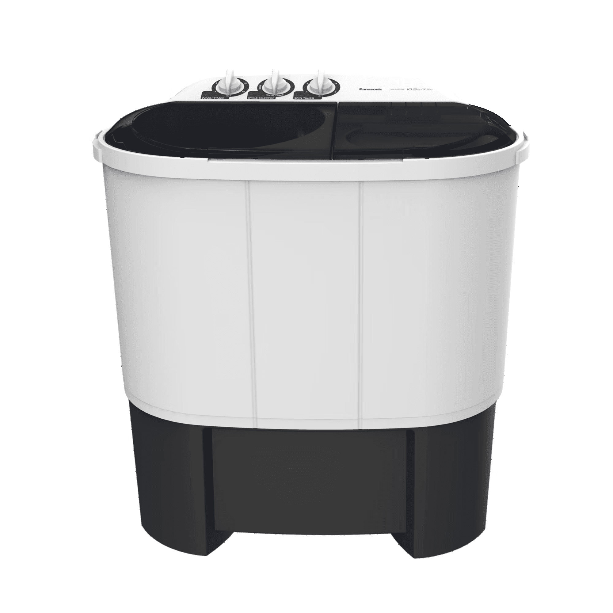 Panasonic NA-W10523B 10.5 Kg Twin Tub Semi-Automatic Washing Machine white and black design with control knobs on top.