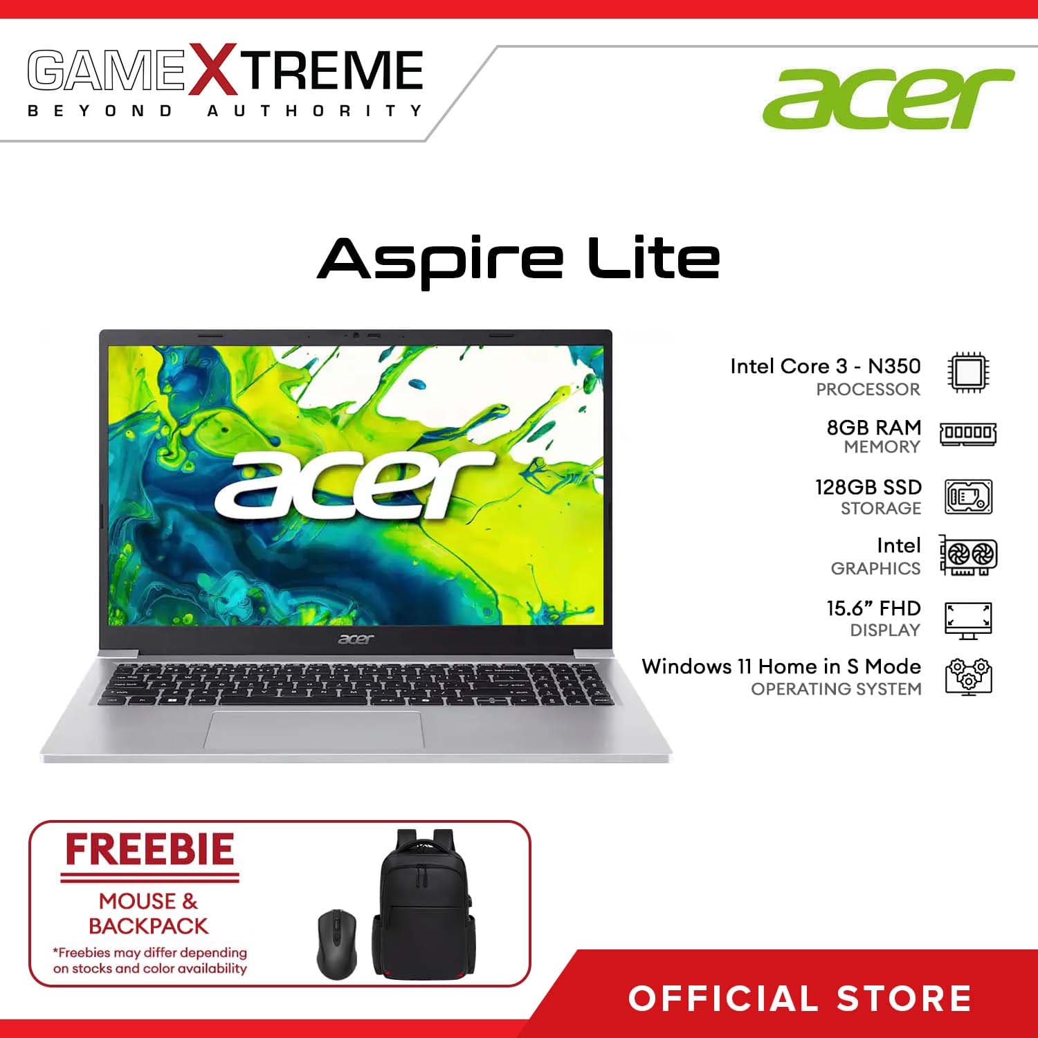 Acer Aspire Lite 15.6" FHD Intel Core 3 - N350 8GB RAM / 128GB SSD Intel Graphics Win 11 Home S Mode Light Silver AL15-36P-32XP