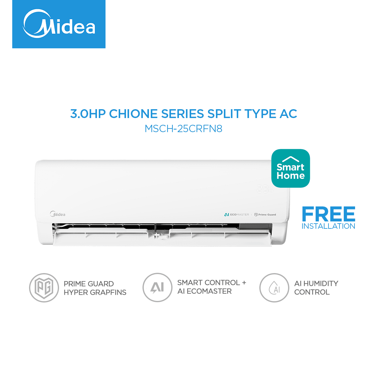 Midea 1.0HP-3.0HP Chione Series High Wall Inverter Split Type Aircon