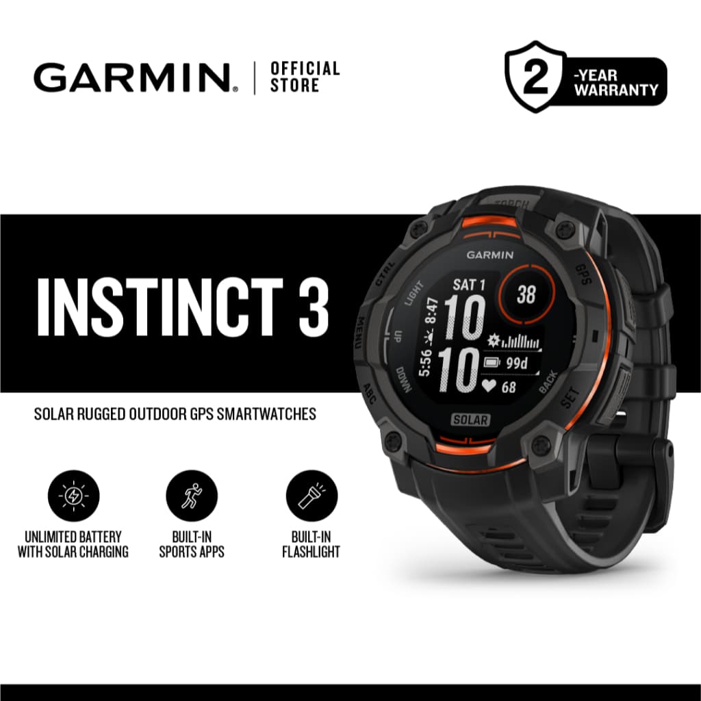 Garmin Instinct 3, Solar Powered, Outdoor Fitness, GPS Smartwatch, for Outdoor Activities
