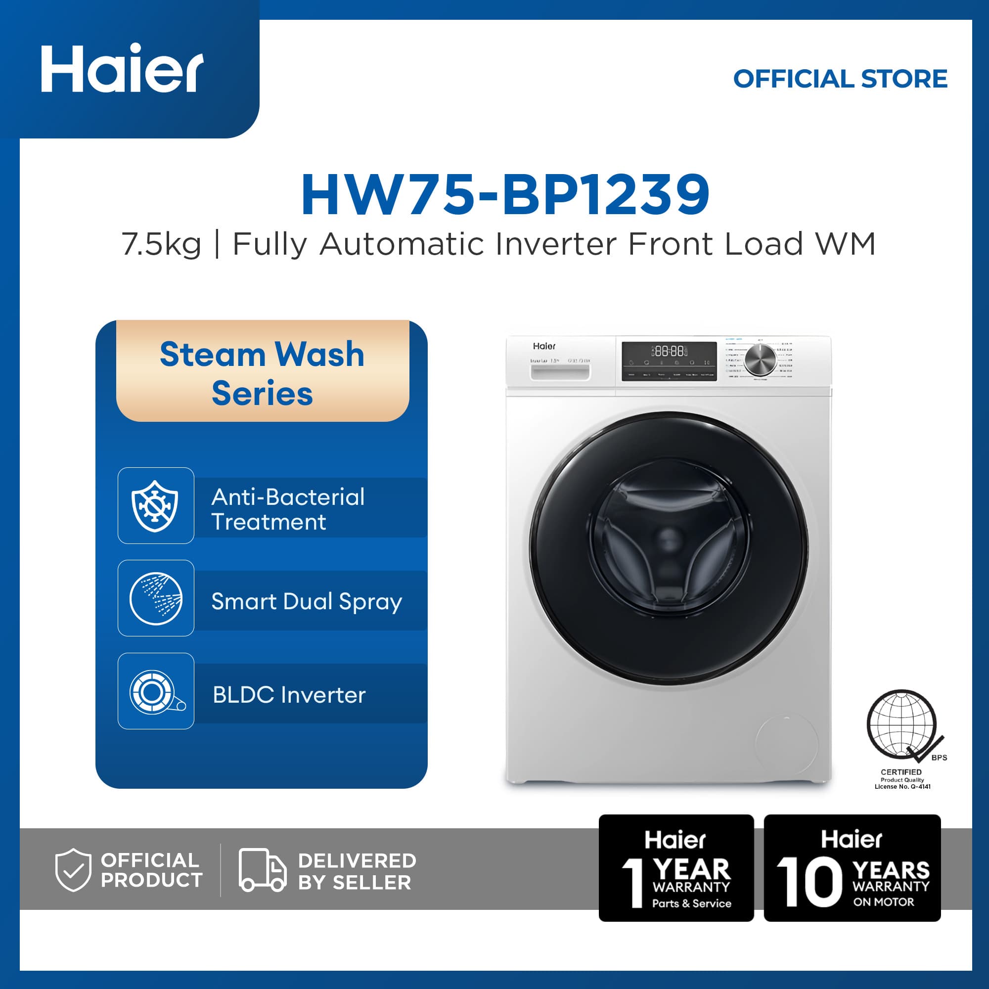 Haier HW75-BP1239 7.5kg Super Inverter Fully Automatic Front Load Washing Machine (White)