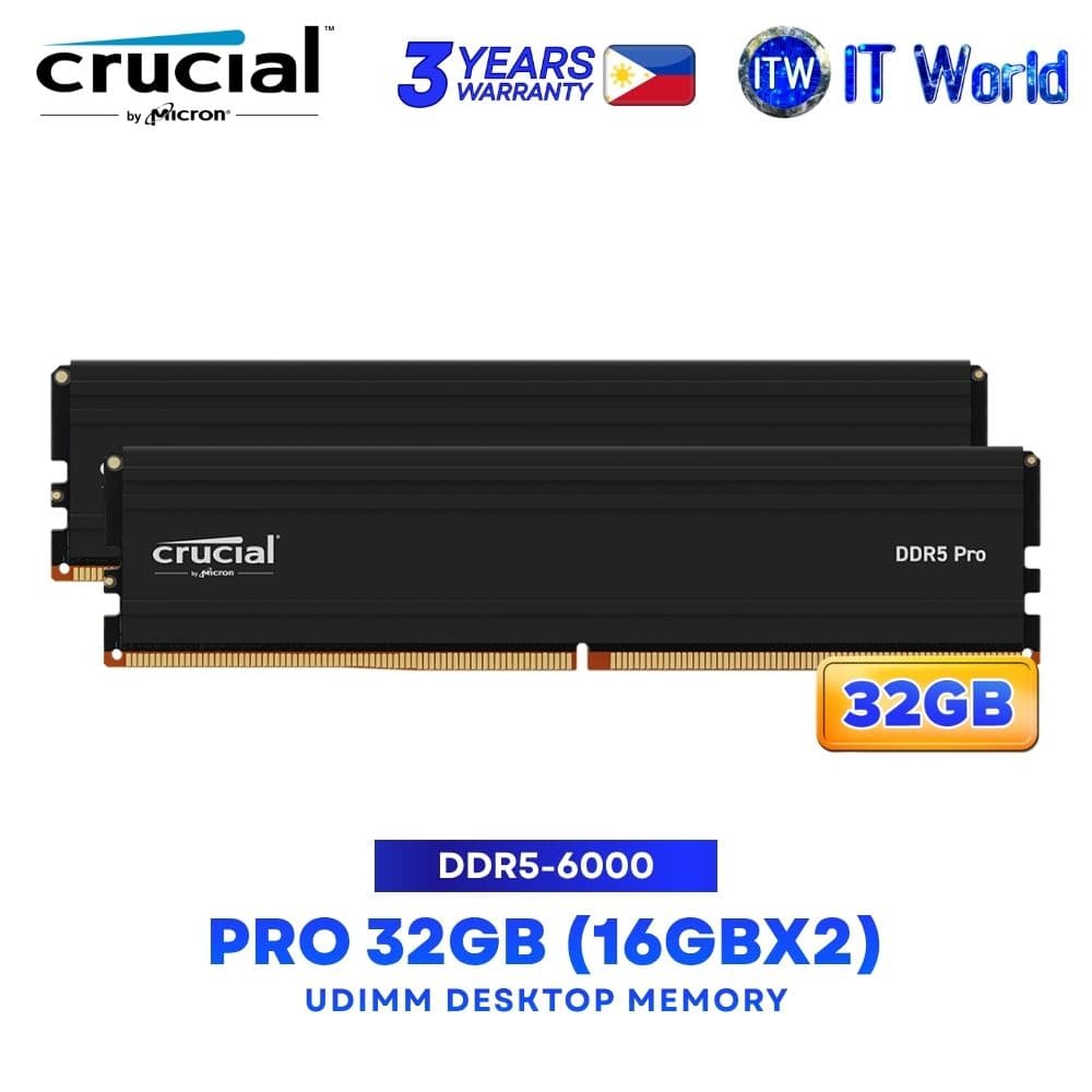 Crucial Pro 32GB (16GBx2) DDR5-6000 Dual Kit UDIMM Desktop Memory Black - CP2K16G60C48U5 itw