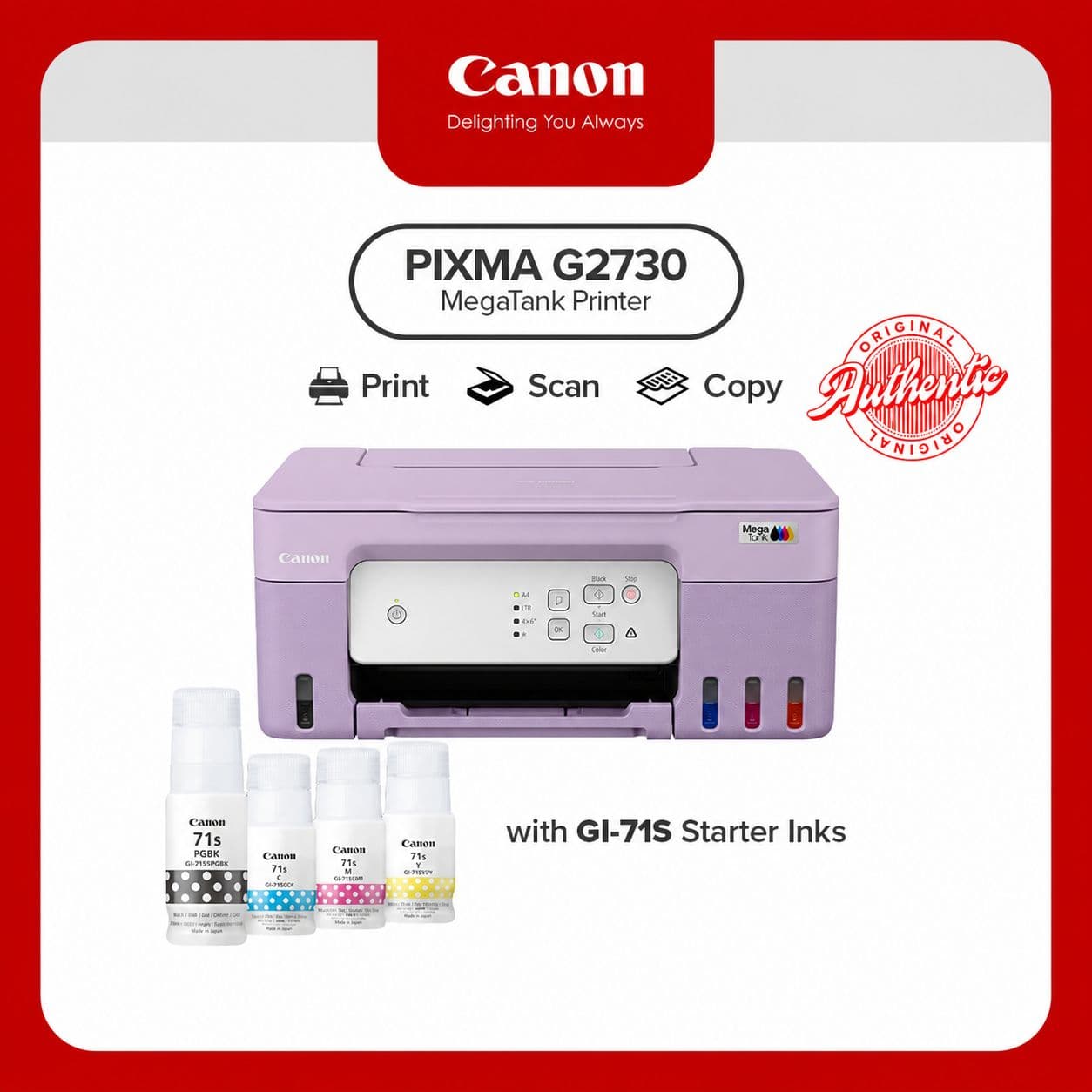 Canon PIXMA G2730 Refillable Ink Tank 3-in-1 Printer with Free 1 Set of GI-71S Inks