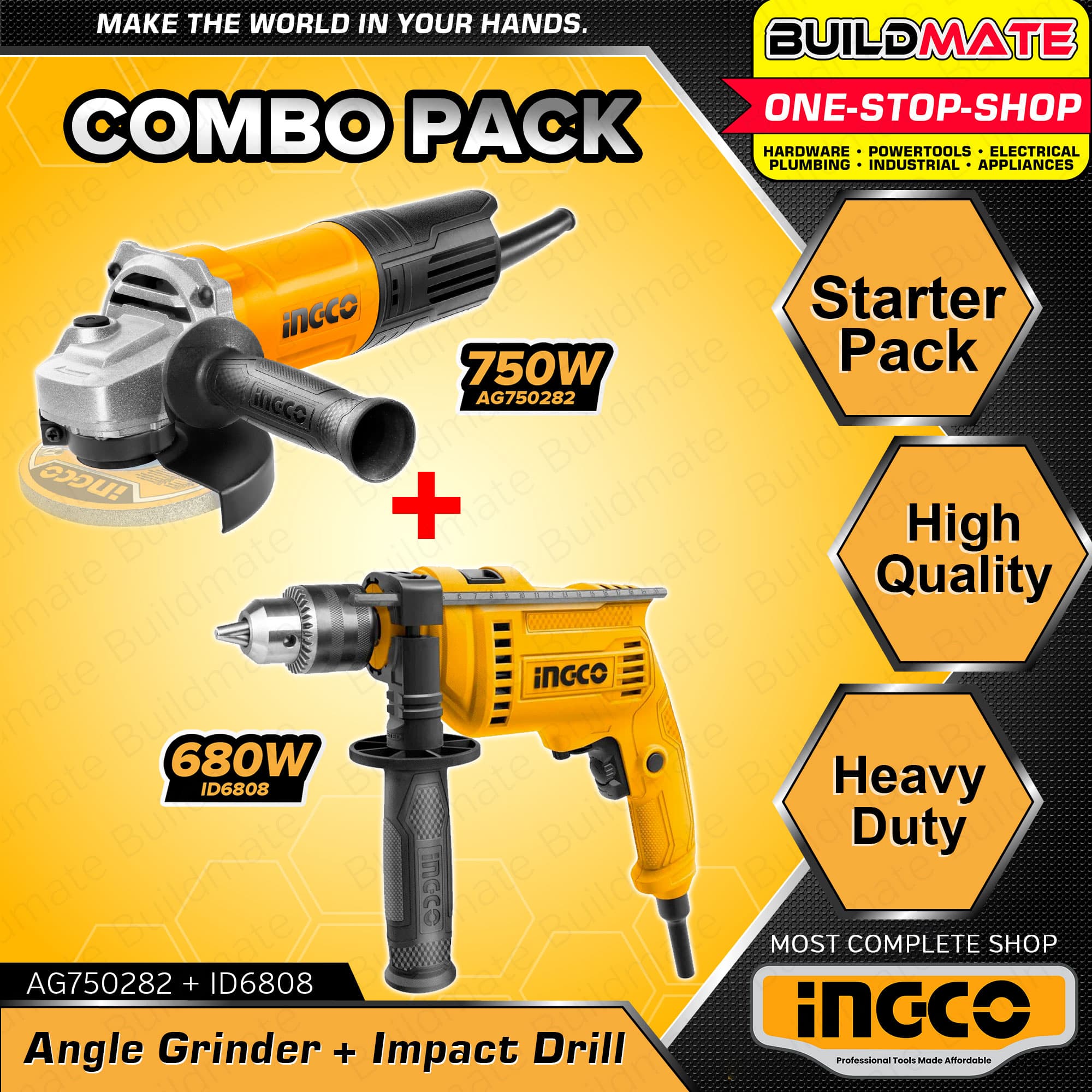 (COMBO) SUPER SELECT INGCO Angle Grinder 750W AG70012 + Impact Drill 680W ID6808 BUILDMATE IPT