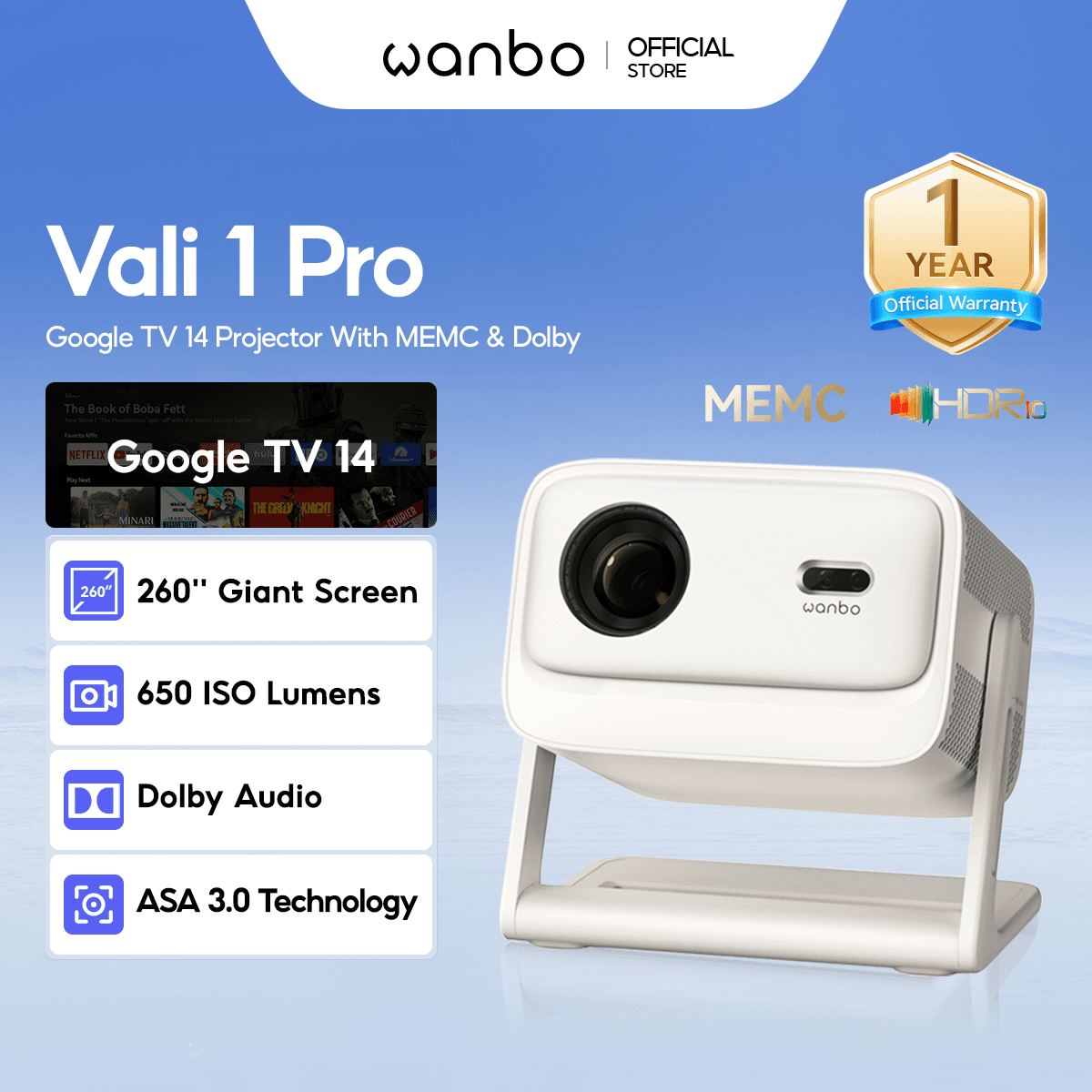 Wanbo Vali 1 Pro Smart Projector 4K Google TV 14 Dolby Audio MEMC HDR10 ASA3.0 Home Cinema Clear Image Quality