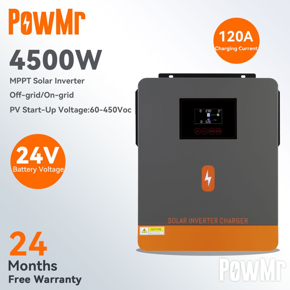 PowMr 4.5kw/6.5kw On-grid/Off-grid Hybrid Inverter 24Vdc/48Vdc 230VAC Pure Sine Wave Solar Inverter Built in 120A MPPT Solar Controller Support Lifepo4 Battery RGB Light One-click Repair Function