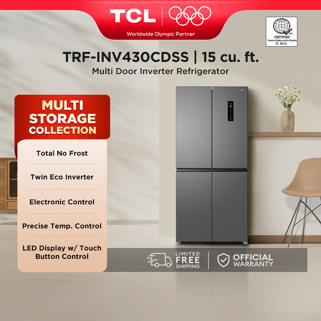 TCL 15 cu.ft. Cross-Door Refrigerator - TRF-INV430CDSS
